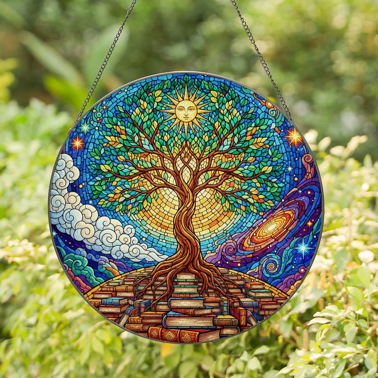 Stained Glass Tree of Life Sun Books Cosmic Nebula - Intricate Tiffany Style Art Stained Glass Suncatcher - 1