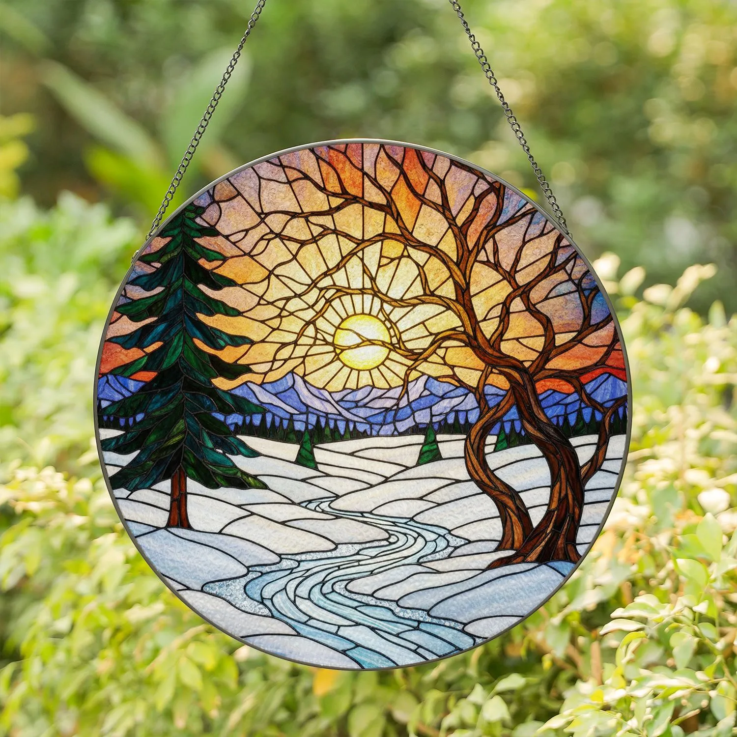 Winter Landscape Sunset Stained Glass - Bare Trees Pine Mountain Icy River Window Decor Stained Glass Suncatcher - 1