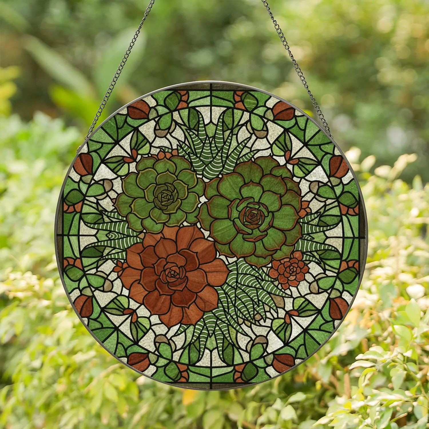 Stained Glass Succulent Plant Mosaic - Tiffany Style Echeveria Haworthia Moss Green Art Stained Glass Suncatcher - 1