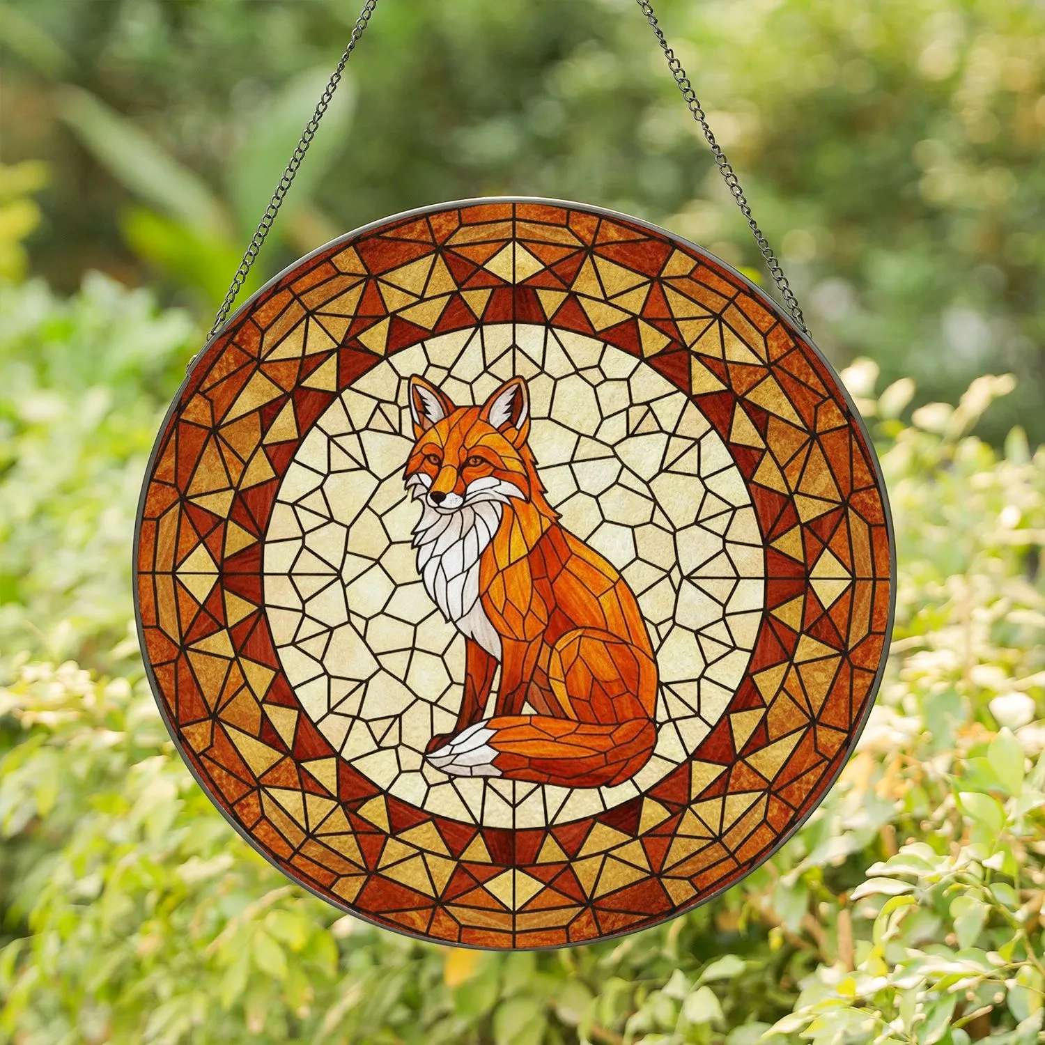 Majestic Fox Stained Glass Tiffany Style Jewel Tones Geometric Mosaic Concentric Art Stained Glass Suncatcher - 1