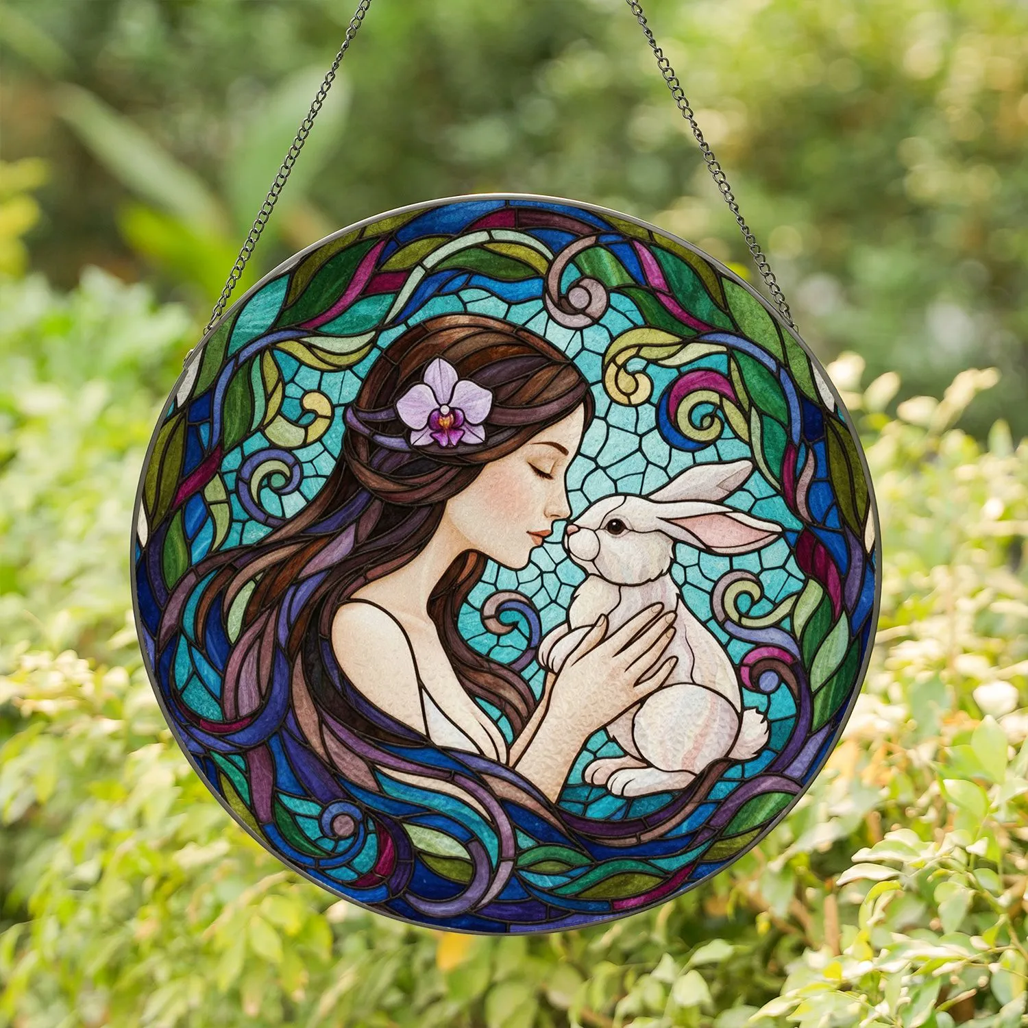 Intricate Woman Rabbit Nose Touch Tiffany Stained Glass Jewel Tone Purple Flower Foliage Decor Stained Glass Suncatcher - 1