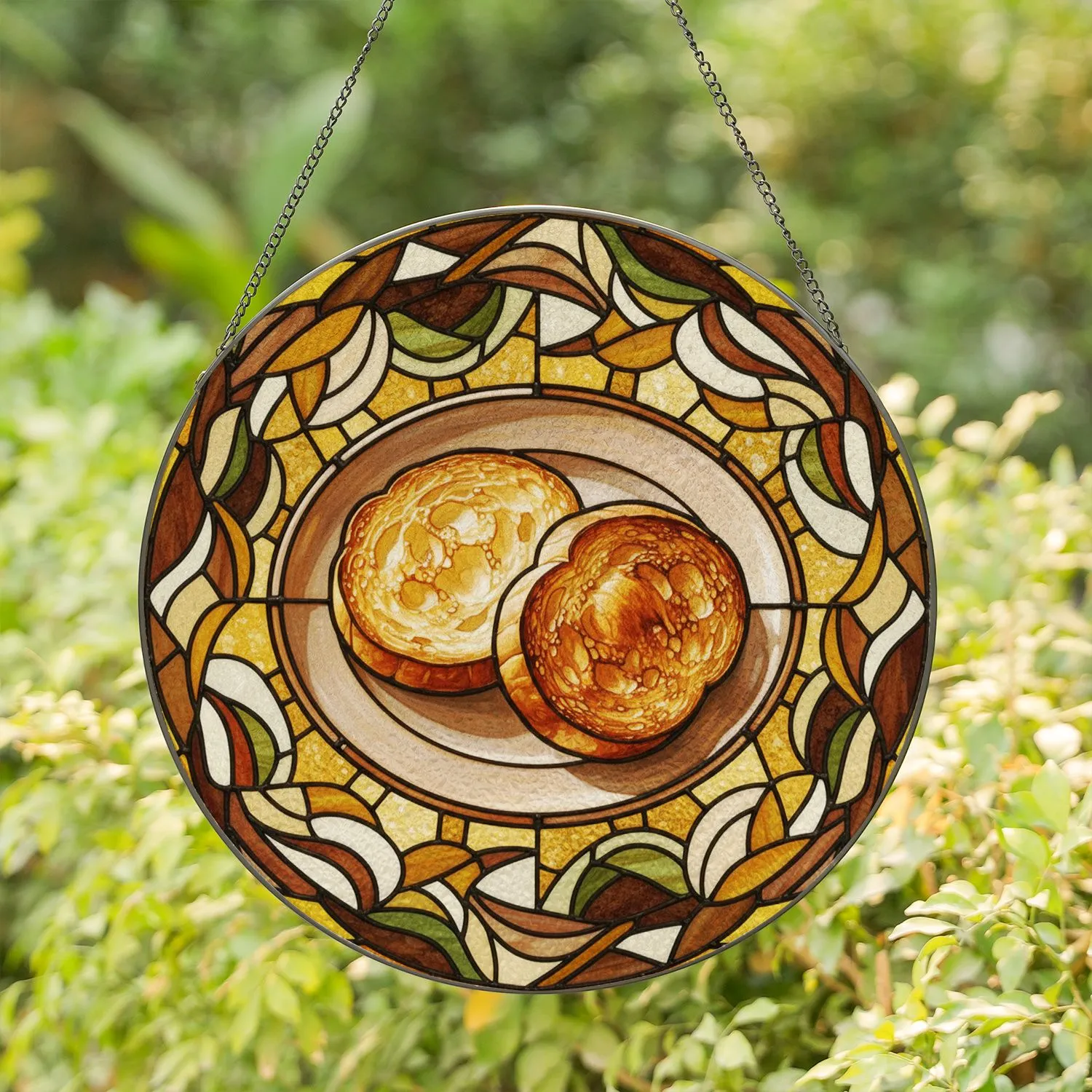 Golden Brioche Toast Tiffany Stained Glass Mosaic - Sunlit Window Kitchen Decor Gift Stained Glass Suncatcher - 1