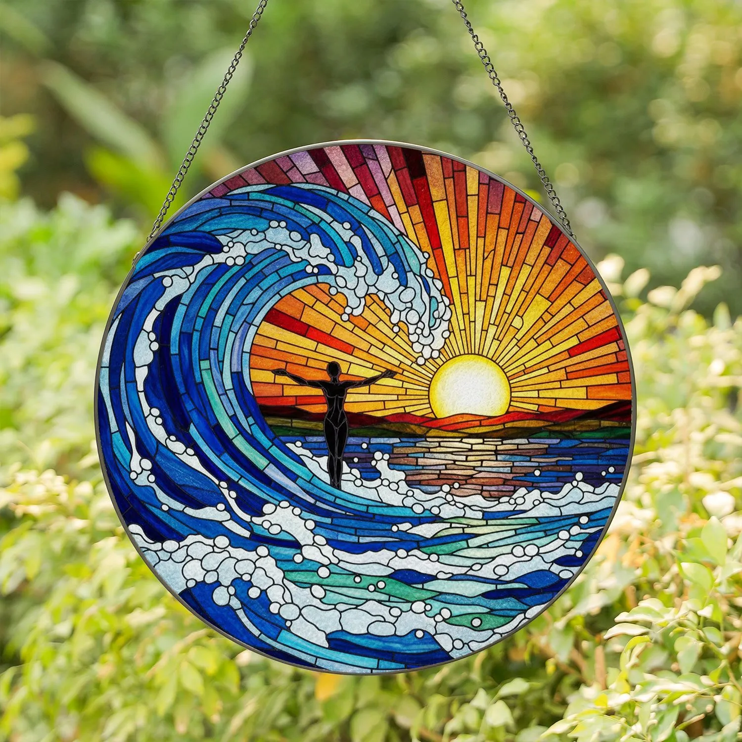 Person in Ocean Wave Sunset Stained Glass Art - Intricate Mosaic Jewel Tones Decor Stained Glass Suncatcher - 1