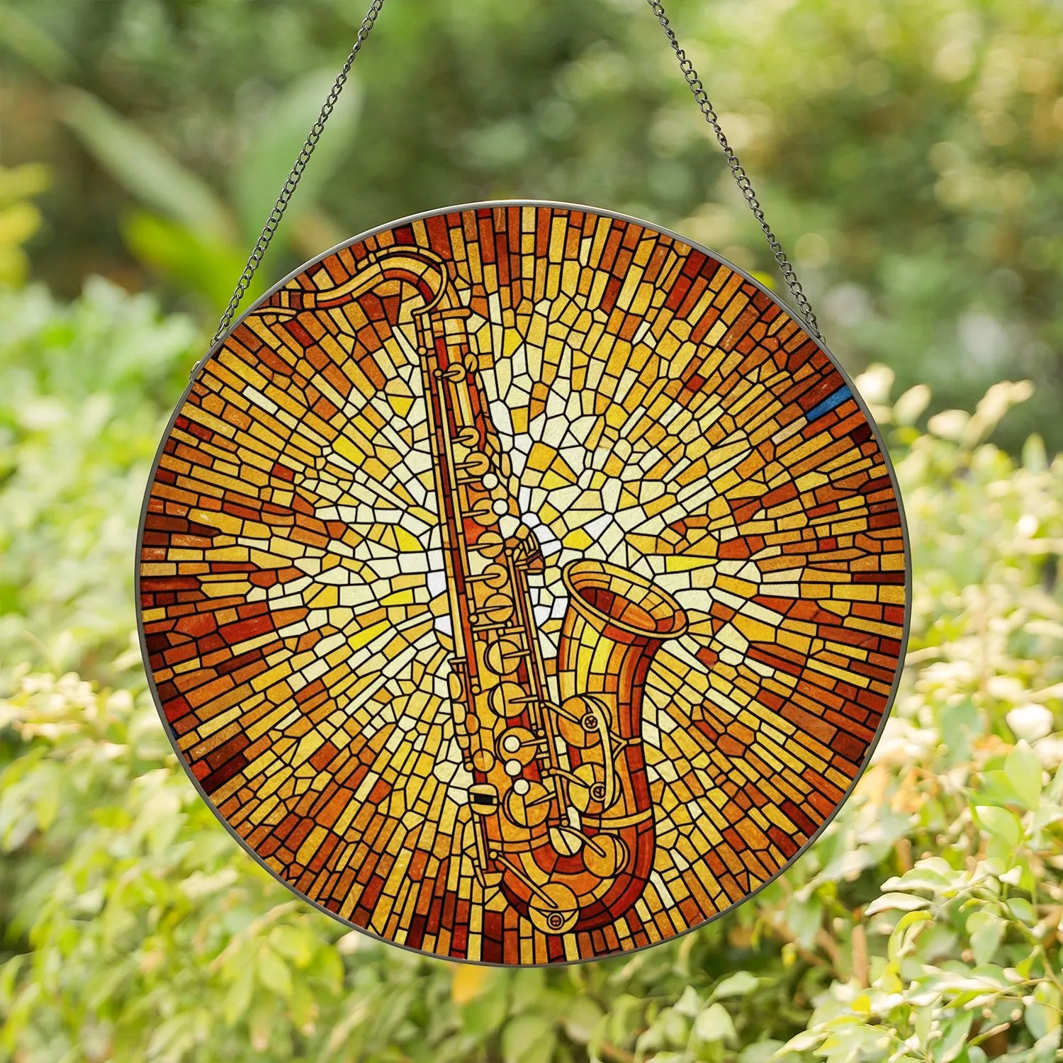 Intricate Saxophone Stained Glass Tiffany Style Mosaic - Jewel Tone Music Lover Gift Stained Glass Suncatcher - 1