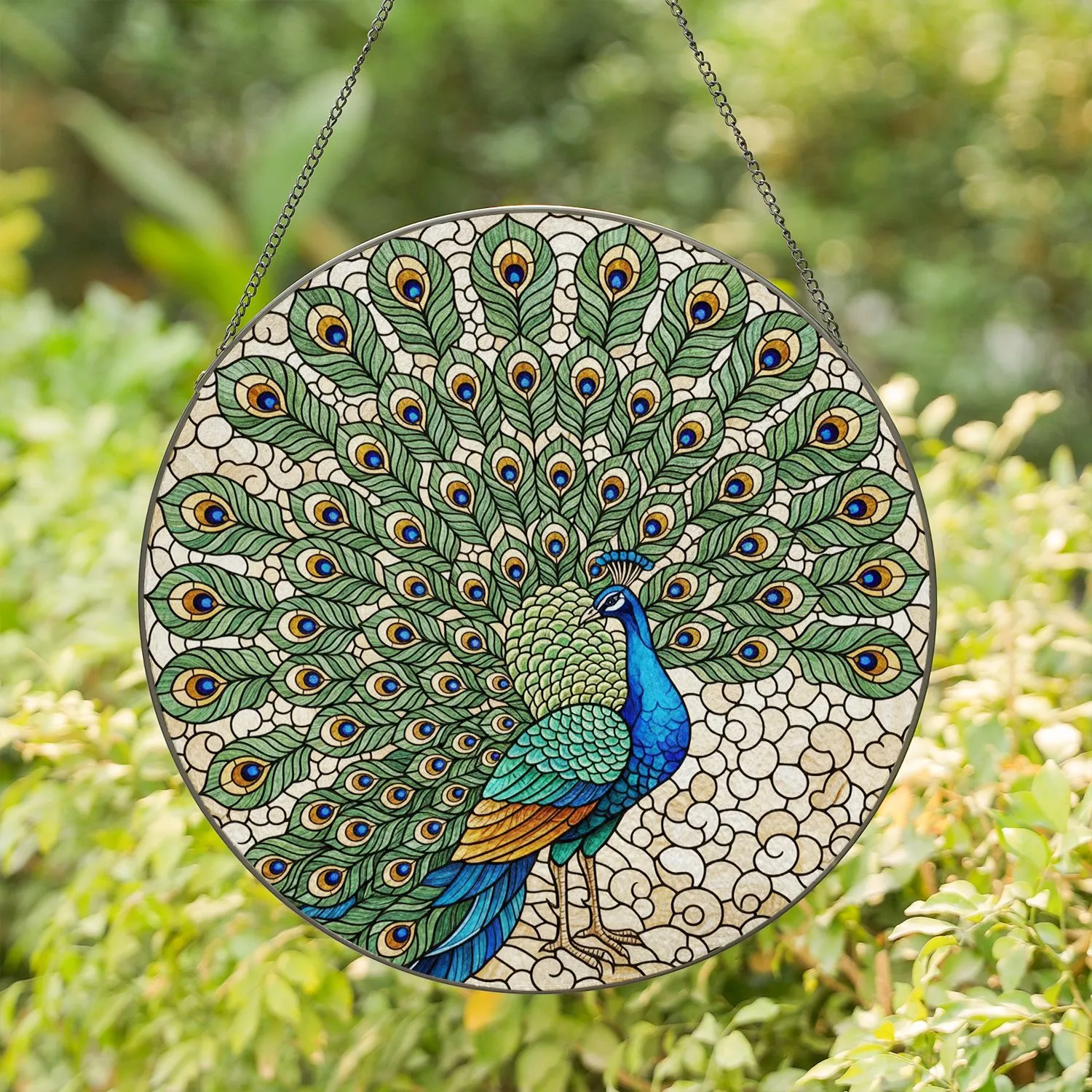 Majestic Peacock Stained Glass Art - Fanned Tail Jewel Tones Tiffany Mosaic Design Stained Glass Suncatcher - 1
