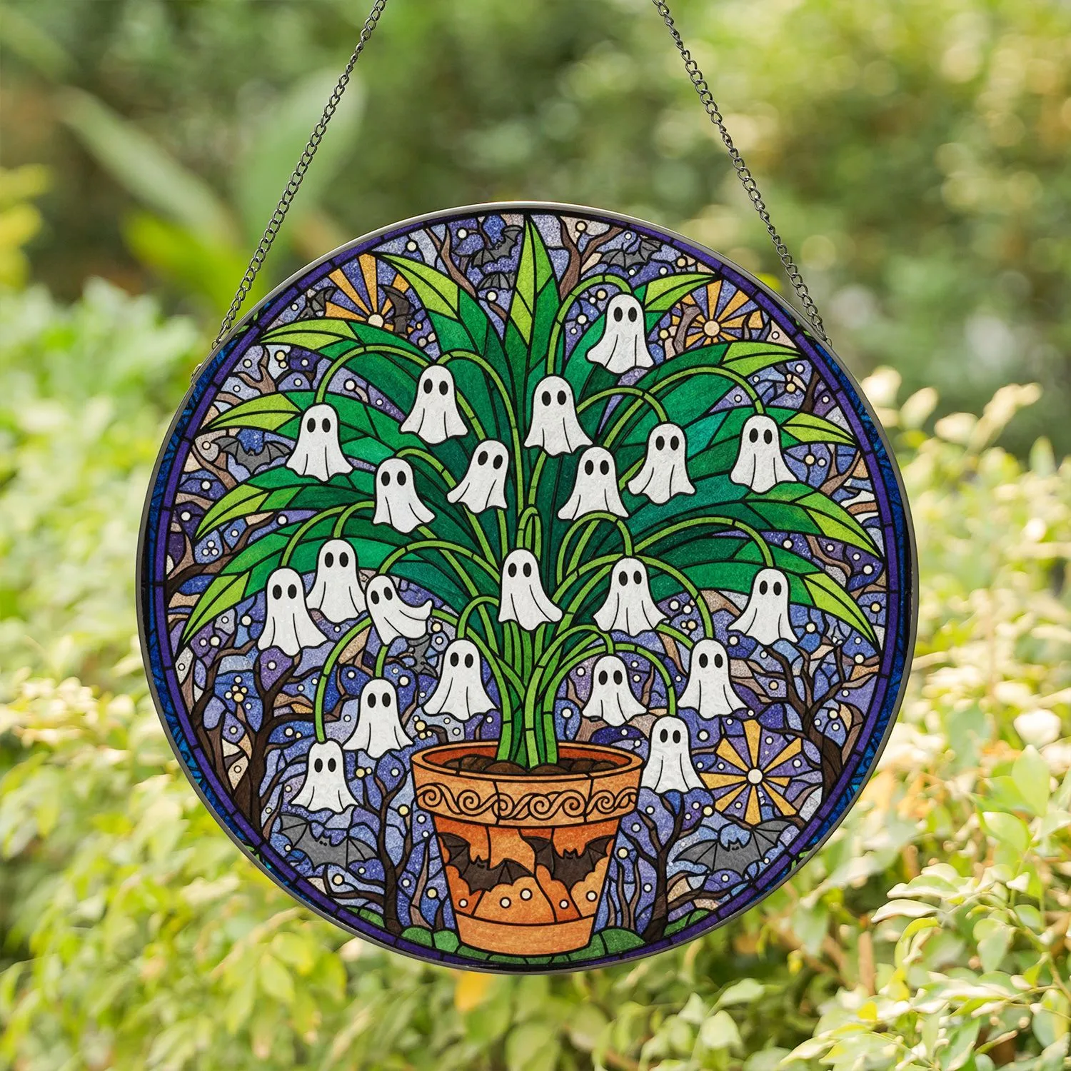 Tiffany Stained Glass Halloween Potted Plant with Cascading Ghosts & Spooky Mosaic Decor Stained Glass Suncatcher - 1