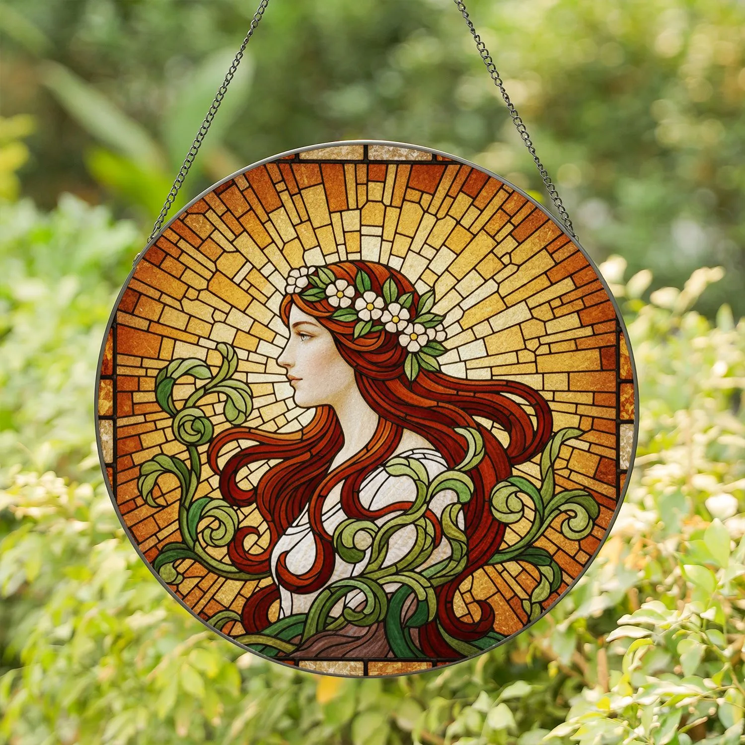 Stained Glass Woman Profile Auburn Hair Floral Wreath Emerald Amber Mosaic Art Stained Glass Suncatcher - 1