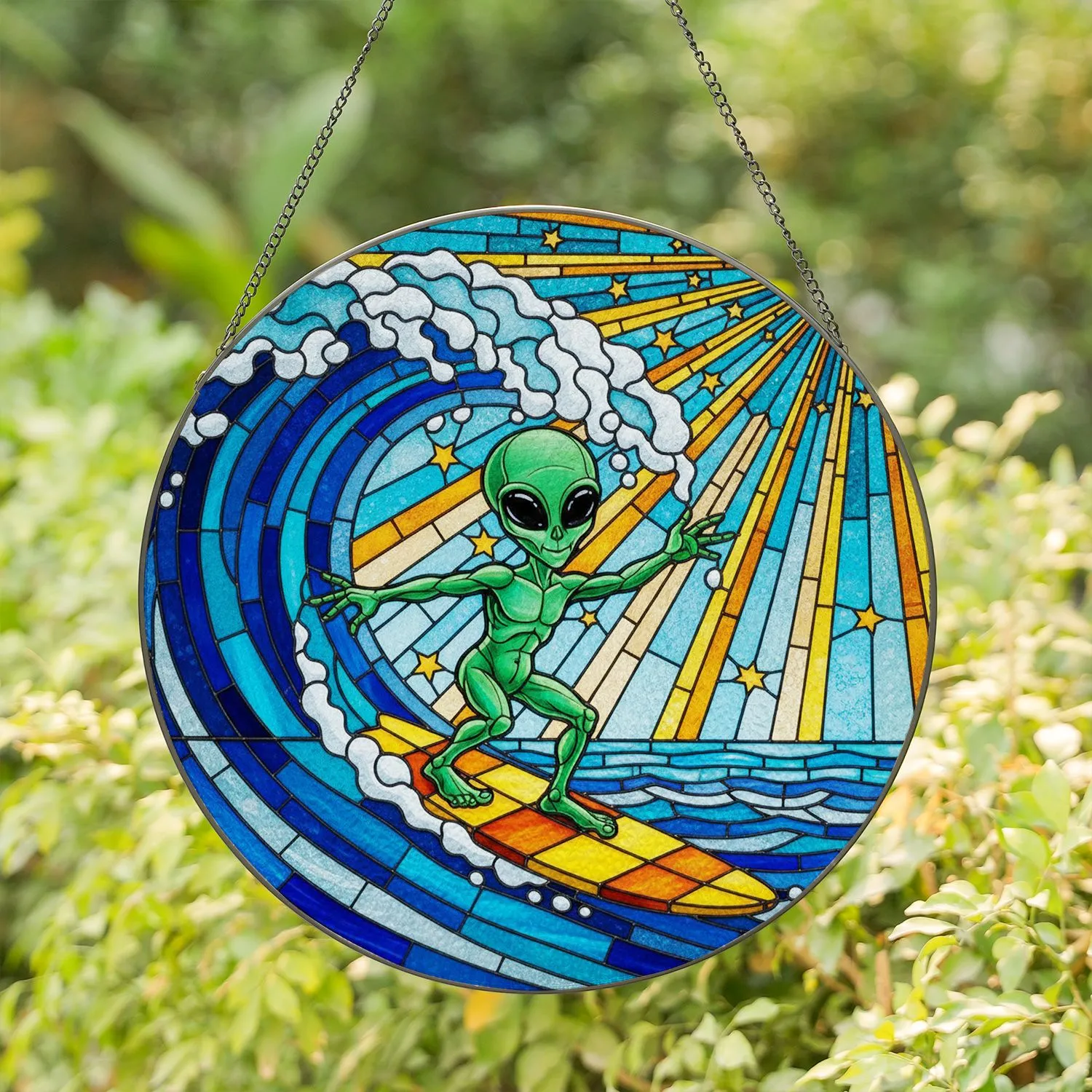 Green Alien Surfing Ocean Wave Golden Sun Stained Glass Art - Tiffany Style Home Decor Stained Glass Suncatcher - 1
