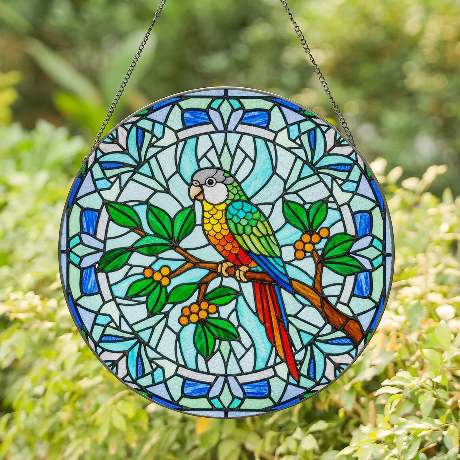 Colorful Parrot Tiffany Stained Glass Jewel Tone Mosaic Geometric Tree Branch Foliage Stained Glass Suncatcher - 1