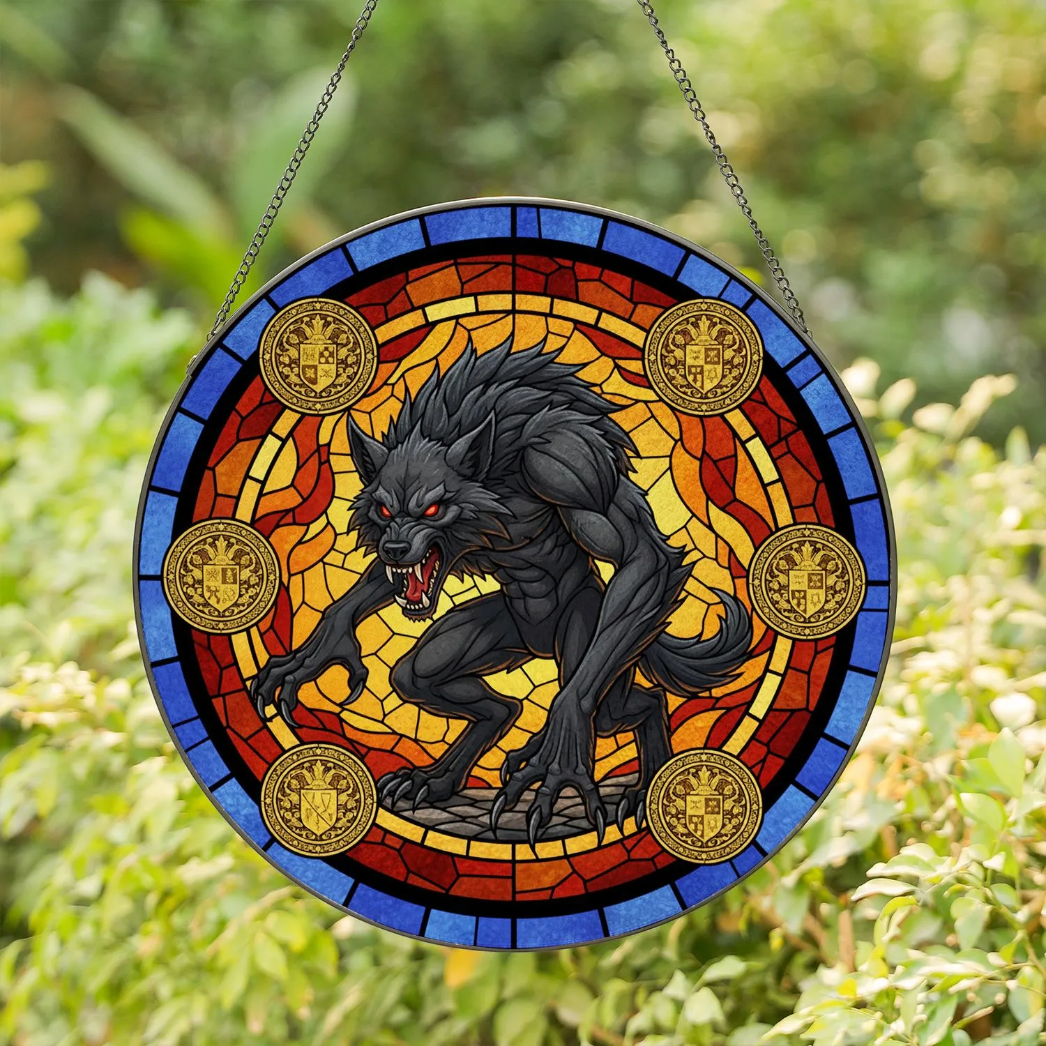 Stained Glass Mosaic Werewolf Snarling Fangs - Ornate Golden Medallions Home Decor Stained Glass Suncatcher - 1