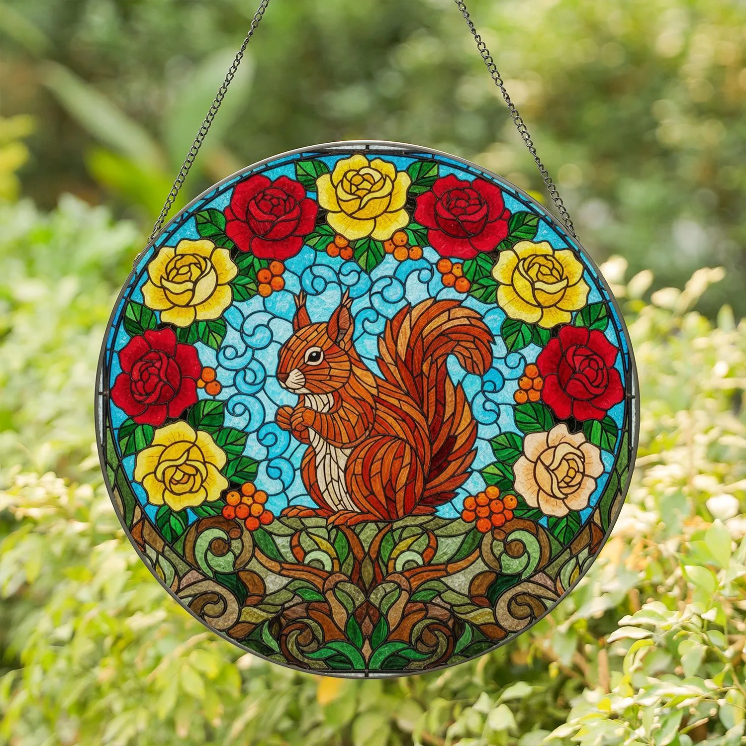 Red Squirrel Bushy Tail Rose Wreath Stained Glass - Tiffany Style Mosaic Sky Art Stained Glass Suncatcher - 1