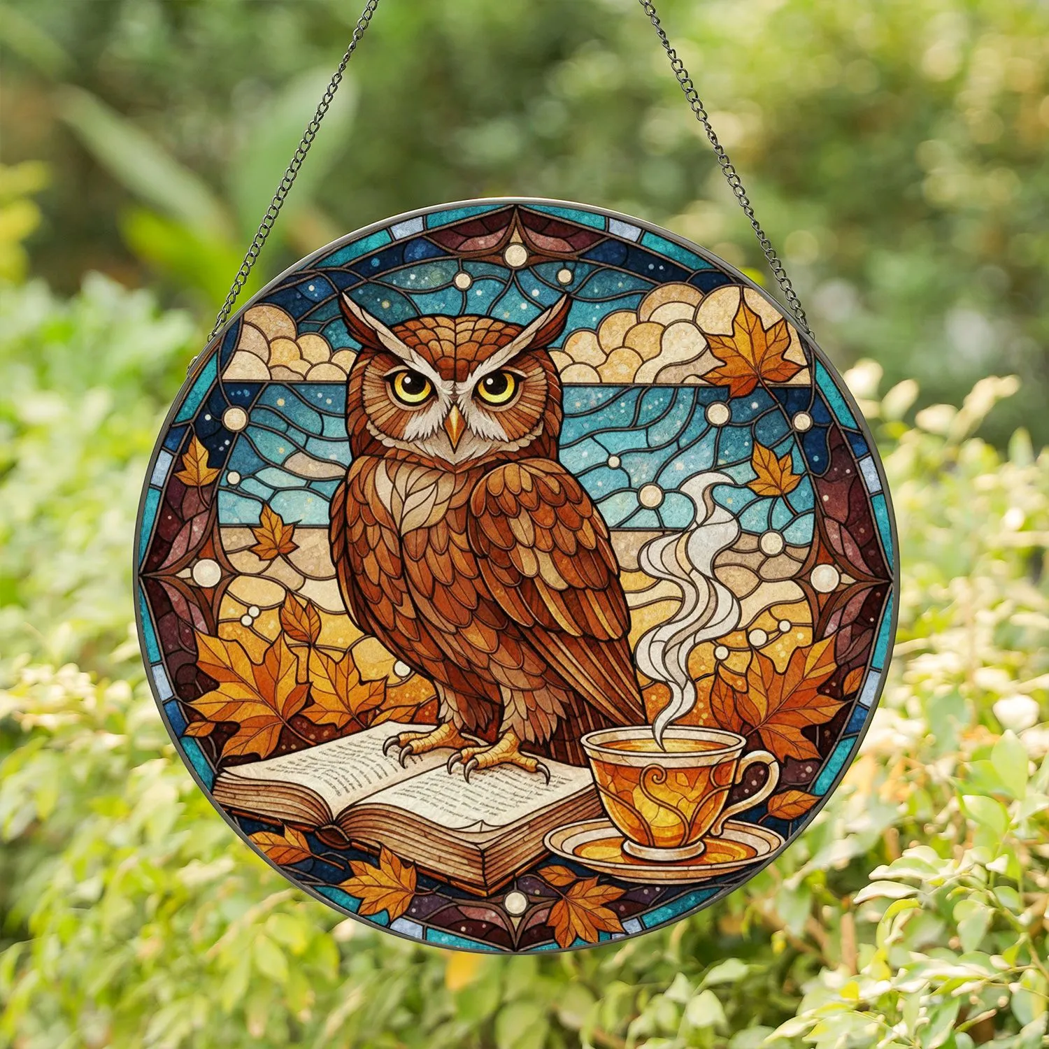 Stained Glass Wise Owl Teacup Book - Autumn Leaves Tranquil Sky Reading Room Decor Stained Glass Suncatcher - 1
