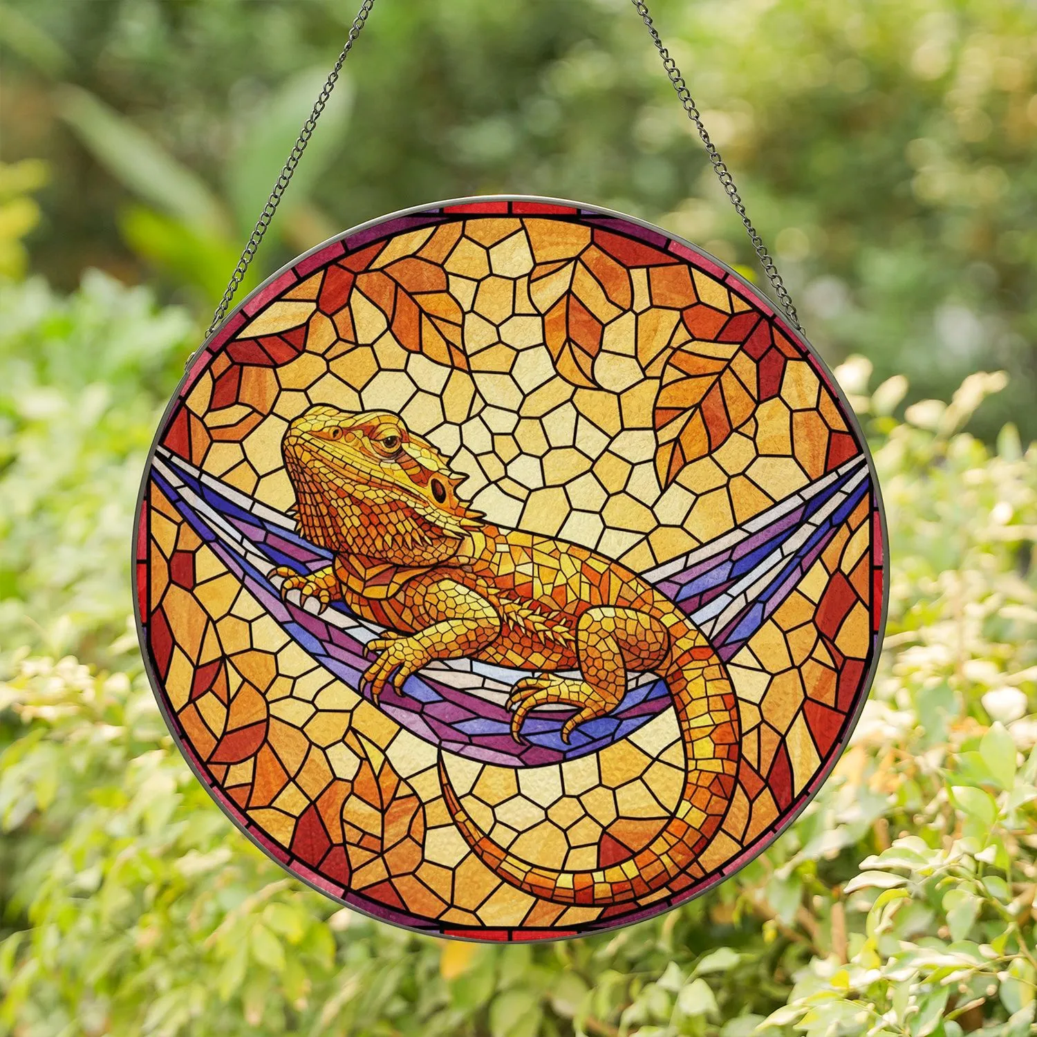 Bearded Dragon Stained Glass Hammock Mosaic Art | Tiffany Jewel Tones Geometric Patterns Stained Glass Suncatcher - 1