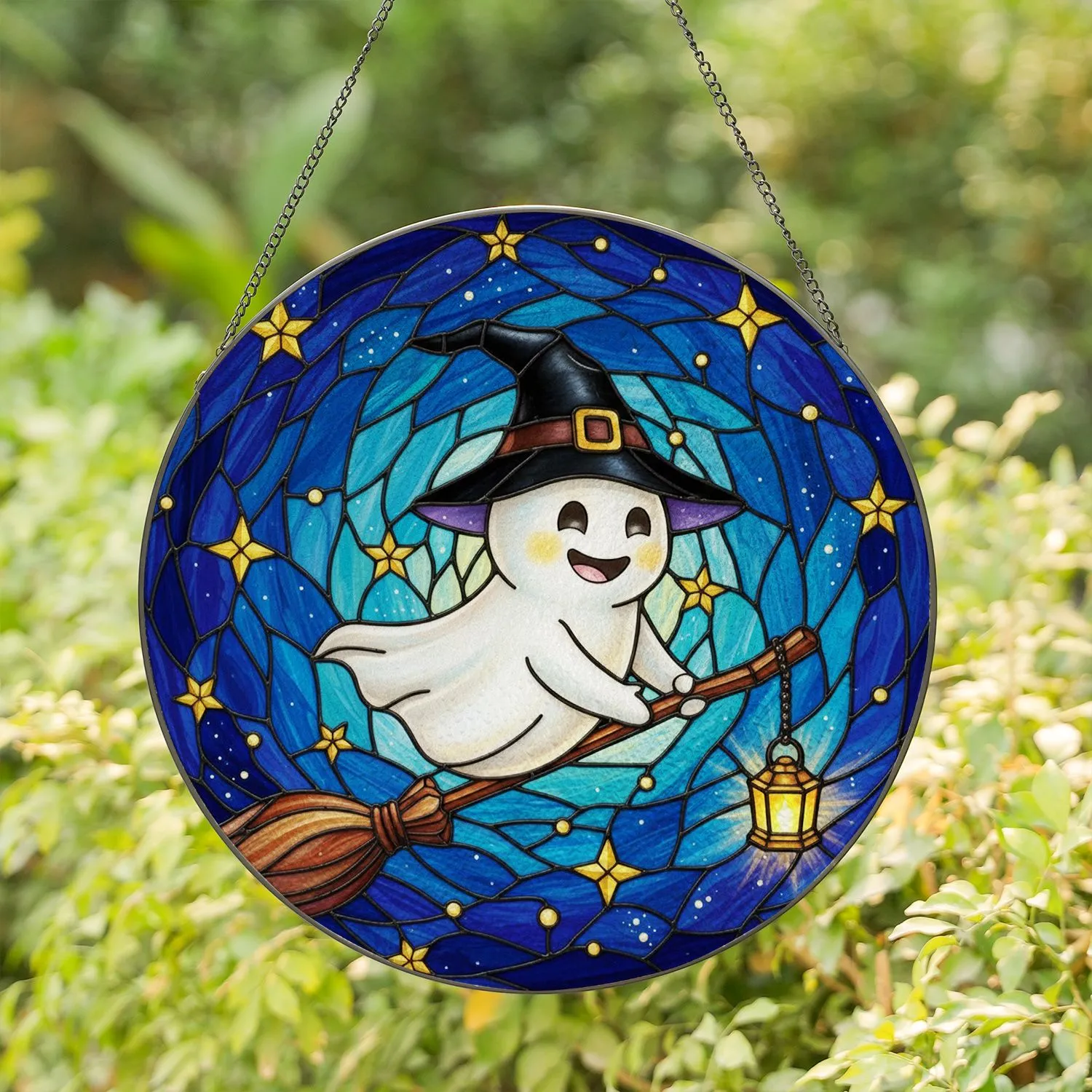 Cartoon Ghost Witch Hat Broomstick Celestial Stars Tiffany Stained Glass Halloween Gift Stained Glass Suncatcher - 1