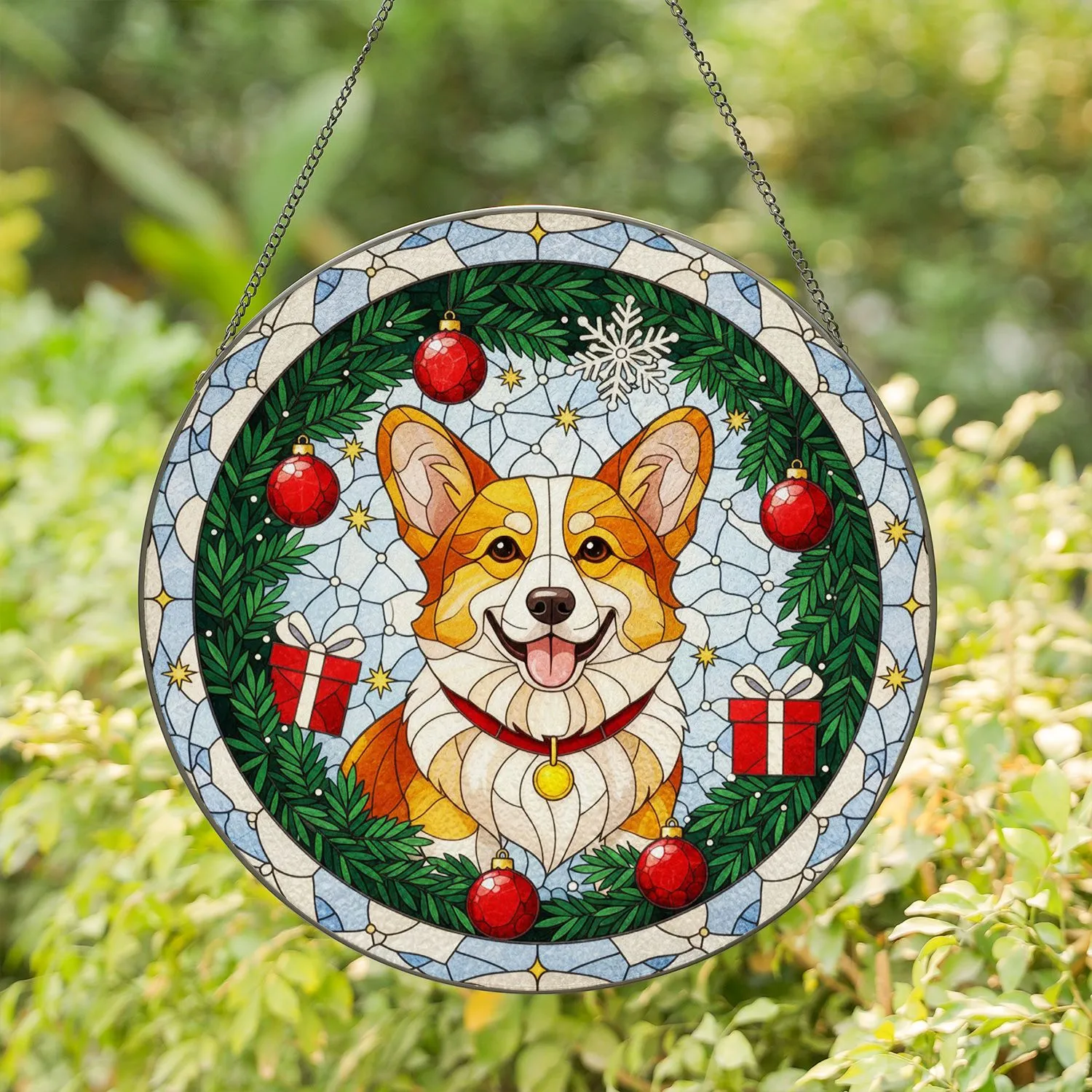 Tricolor Corgi Dog Stained Glass Christmas Pine Ornaments Snowflake Holiday Gift Stained Glass Suncatcher - 1