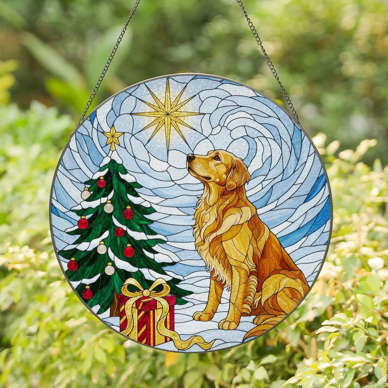 Golden Retriever Stained Glass Christmas Tree Mosaic - Winter Holiday Gift Stained Glass Suncatcher - 1