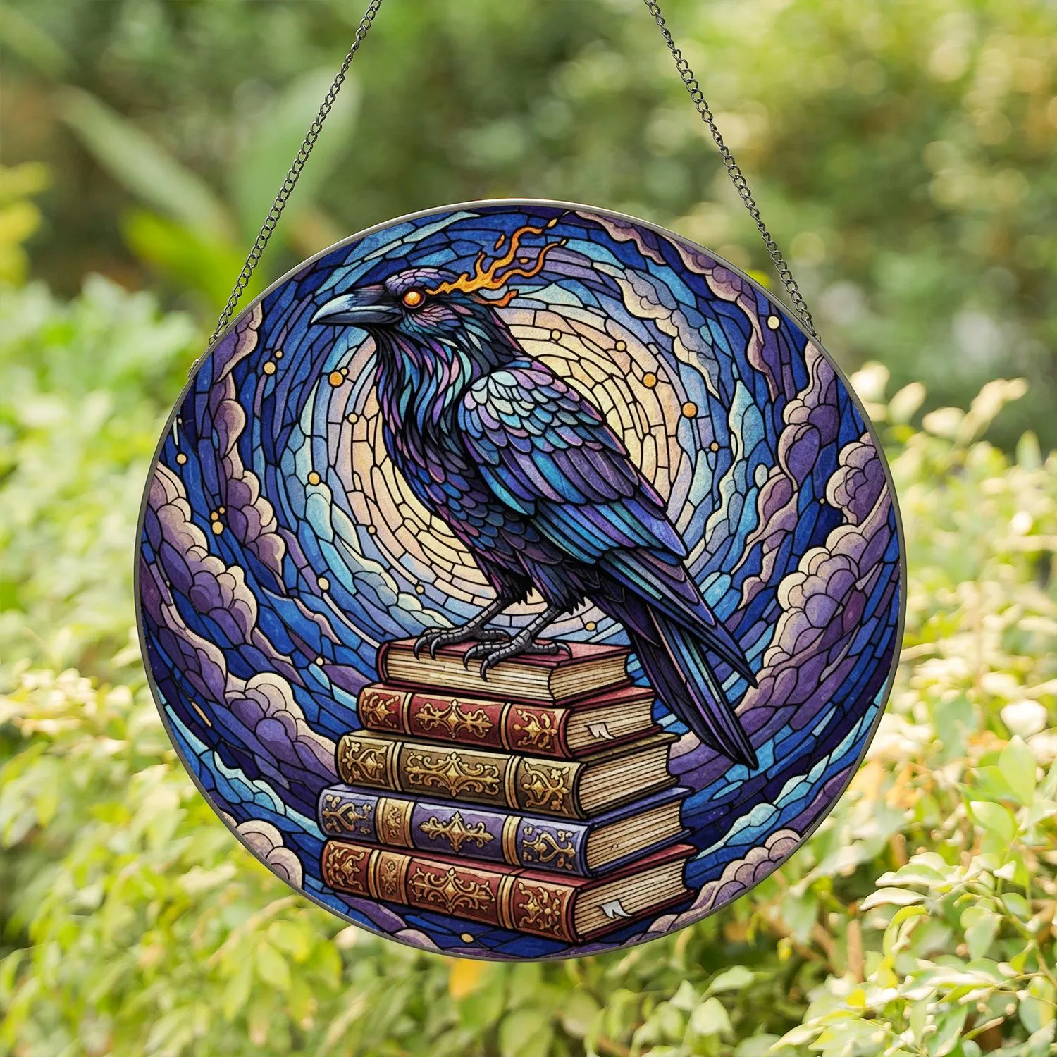 Iridescent Raven & Spellbooks on Ancient Tomes - Cosmic Tiffany Stained Glass Stained Glass Suncatcher - 1
