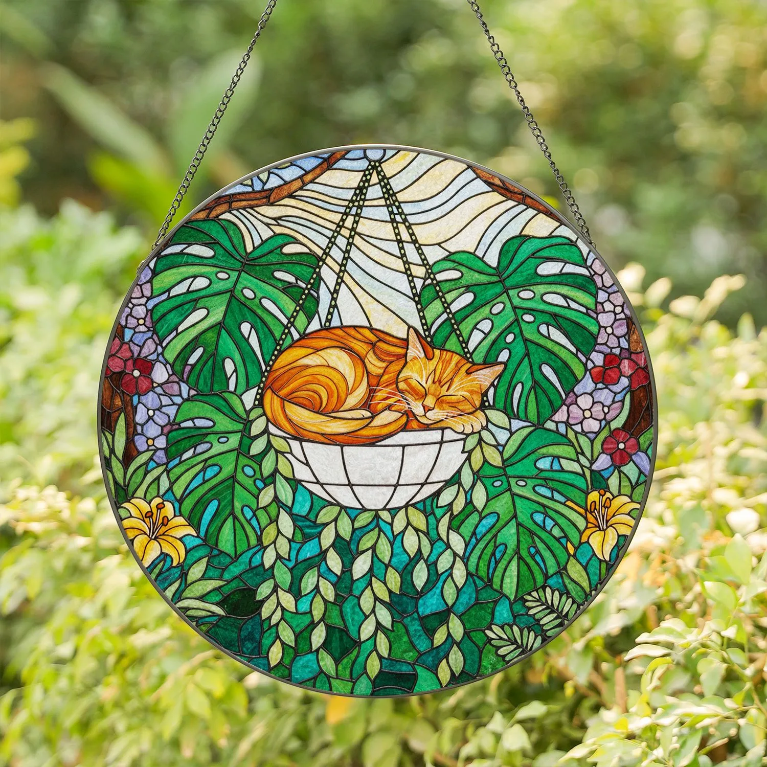 Ginger Tabby Cat Sleeping Stained Glass - Monstera Leaves Tropical Garden Foliage Decor Stained Glass Suncatcher - 1