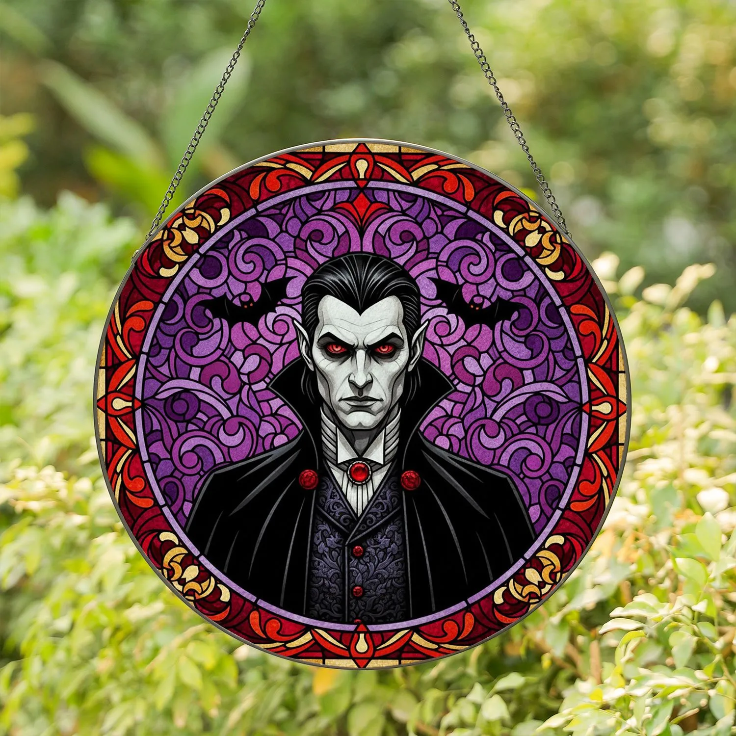 Gothic Vampire Red Eyes Stained Glass Art - Flying Bats Menacing Tiffany Style Jewel Tones Stained Glass Suncatcher - 1