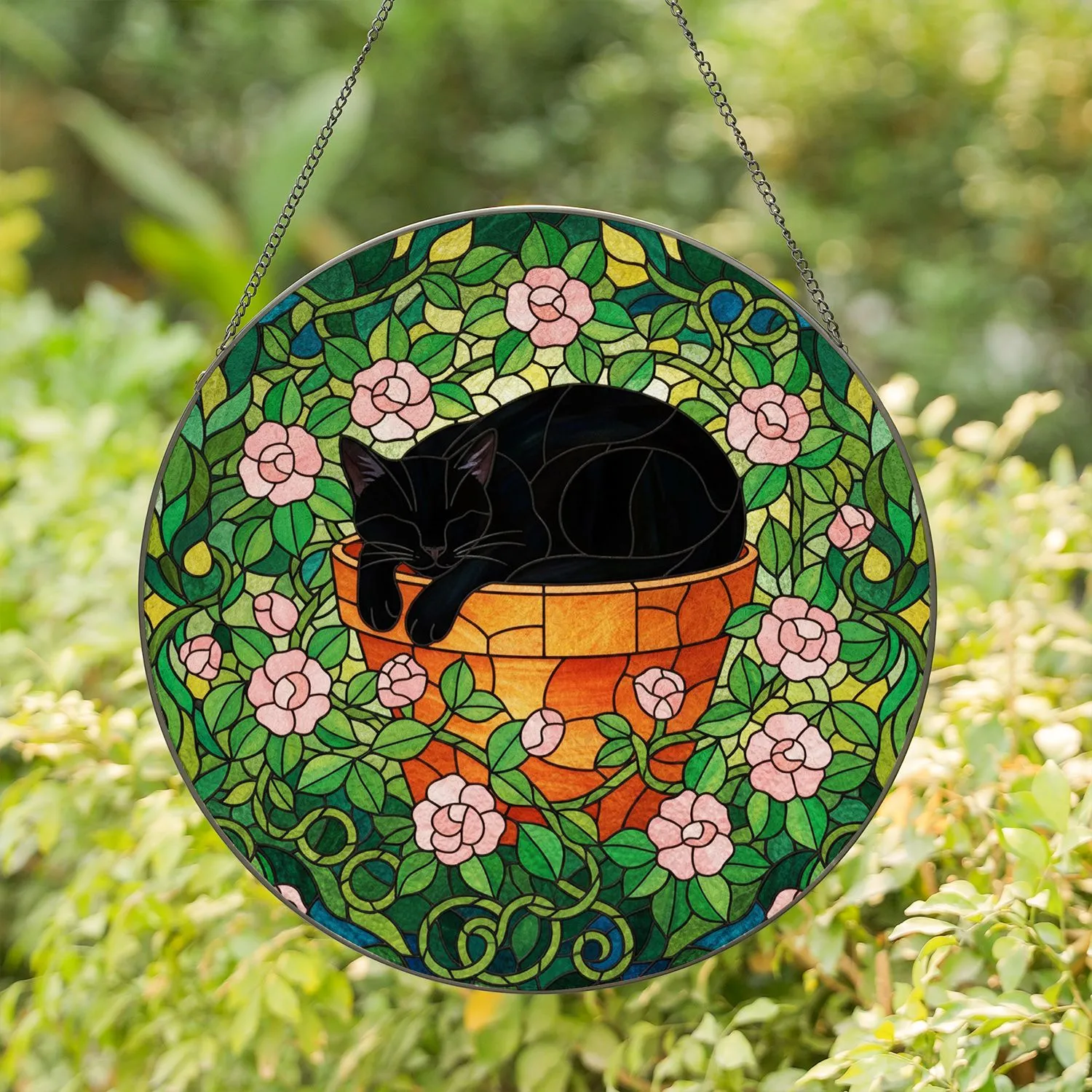 Black Cat Sleeping Terracotta Pot Tiffany Stained Glass - Green Vines Pink Roses Art Stained Glass Suncatcher - 1
