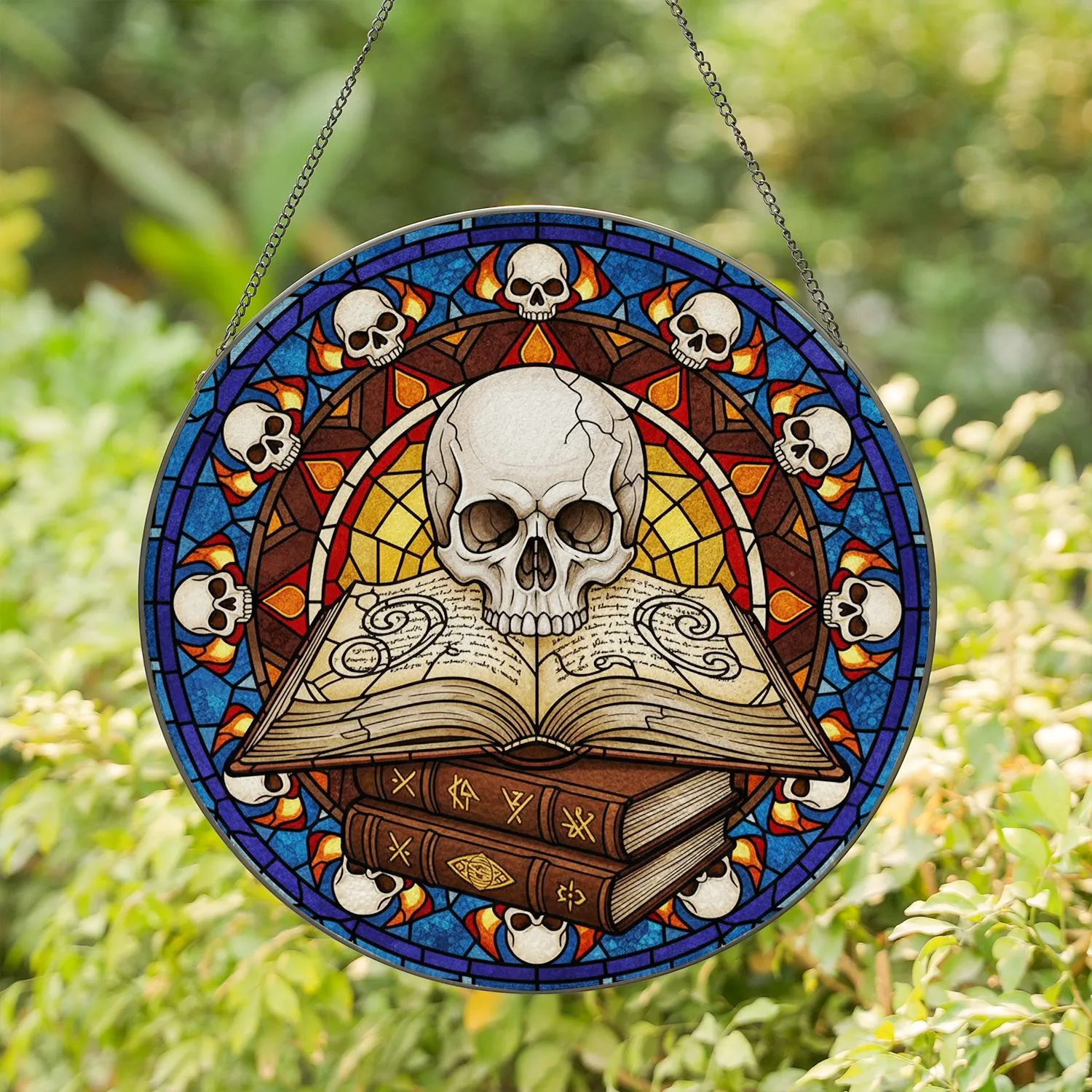 Realistic Human Skull Ancient Tome Tiffany Stained Glass - Arcane Books, Skulls & Candle Flames Stained Glass Suncatcher - 1