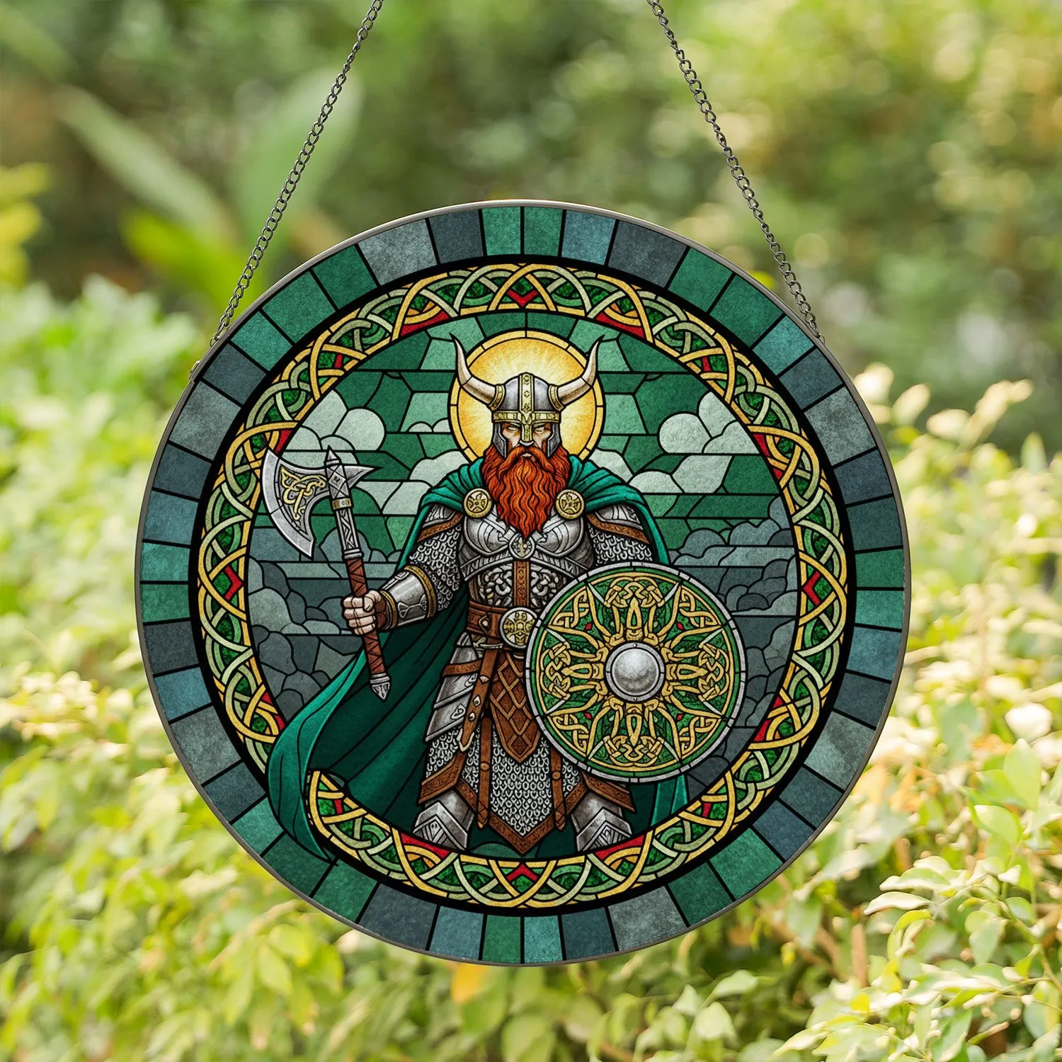 Viking Warrior Celtic Knot Shield Tiffany Stained Glass Art Winged Helmet Glowing Eyes Stained Glass Suncatcher - 1