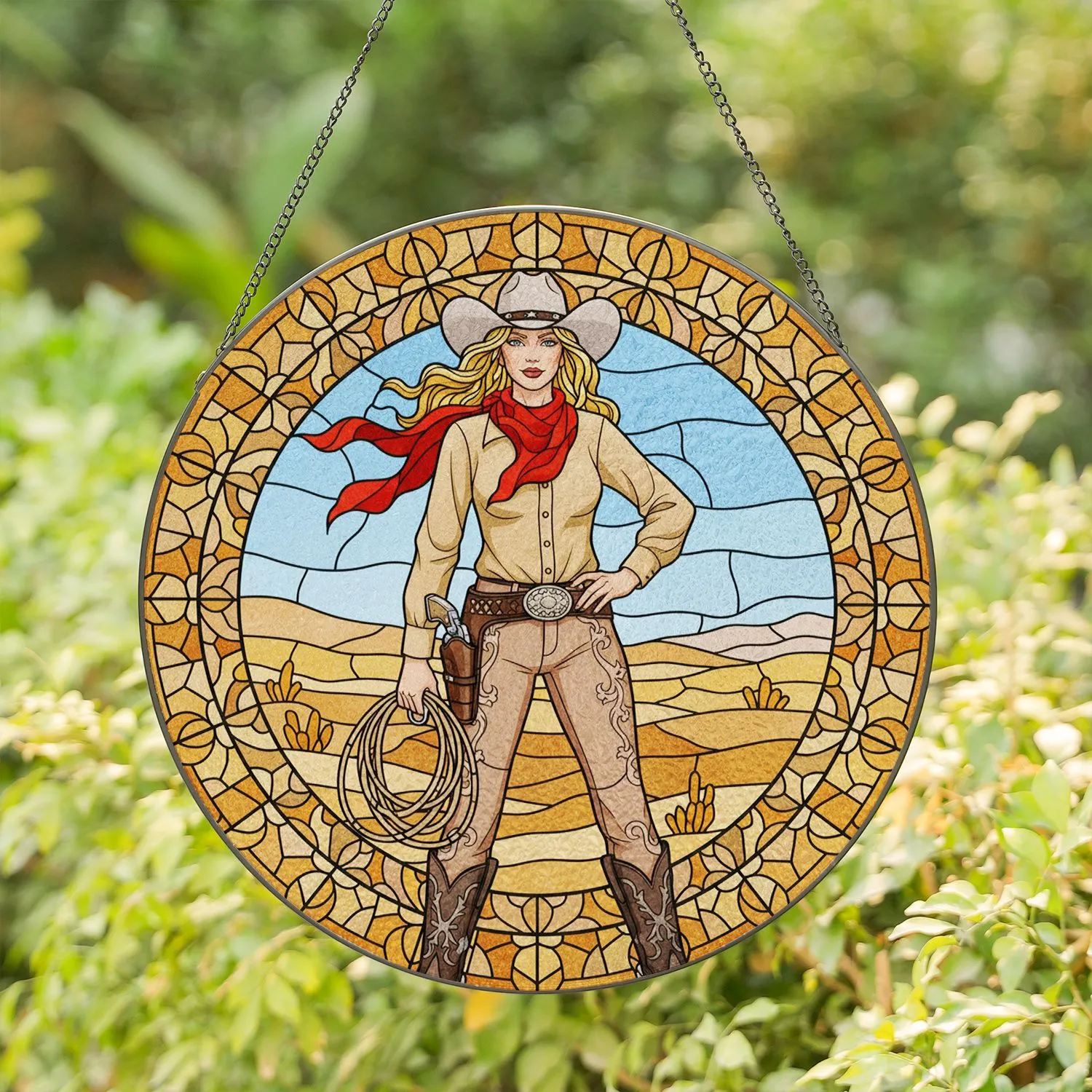 Blonde Cowgirl Western Stained Glass Art - Tiffany Style Desert Mosaic Pistol Lasso Stained Glass Suncatcher - 1