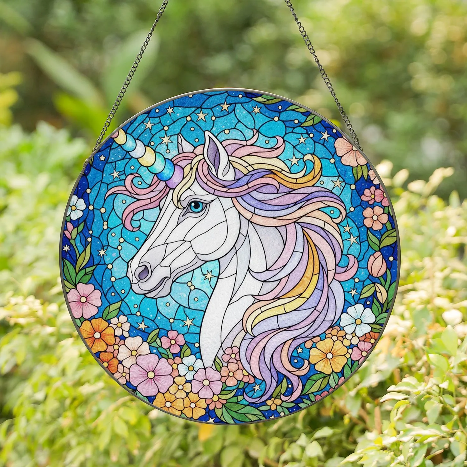 Unicorn Head Rainbow Horn Tiffany Glass - Celestial Sky Floral Fantasy Mythical Gift Stained Glass Suncatcher - 1