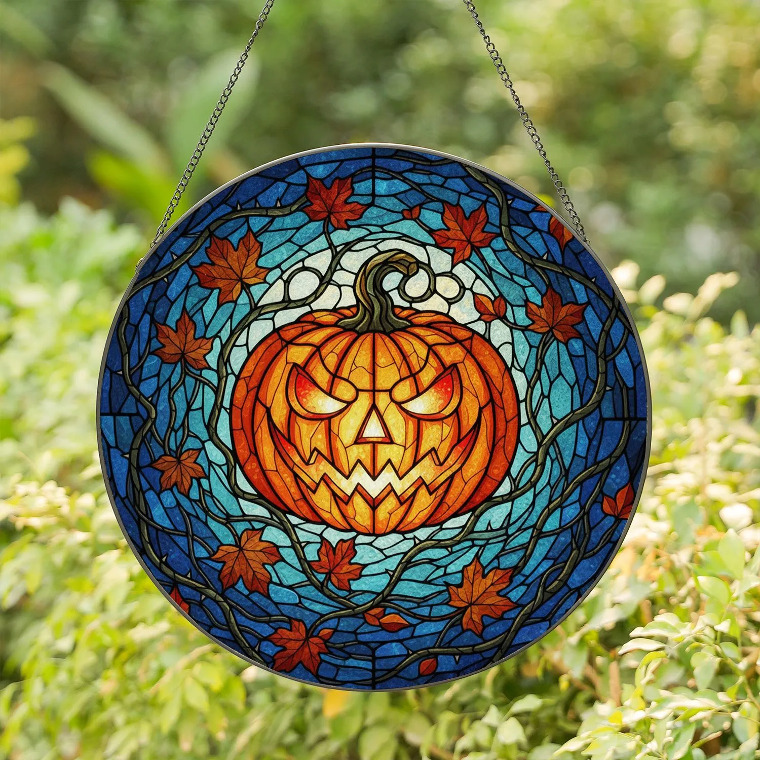 Menacing Jack-O'-Lantern Tiffany Stained Glass Autumn Leaves Night Sky Halloween Decor Stained Glass Suncatcher - 1