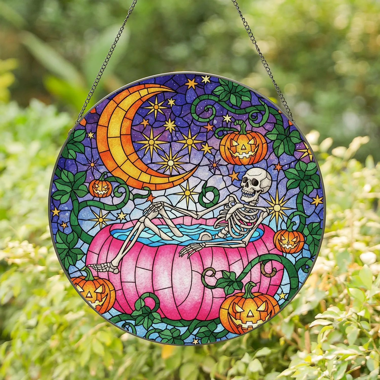 Skeleton Pumpkin Bath Stained Glass Tiffany Jack-O'-Lanterns Mystical Night Sky Moon Stars Stained Glass Suncatcher - 1