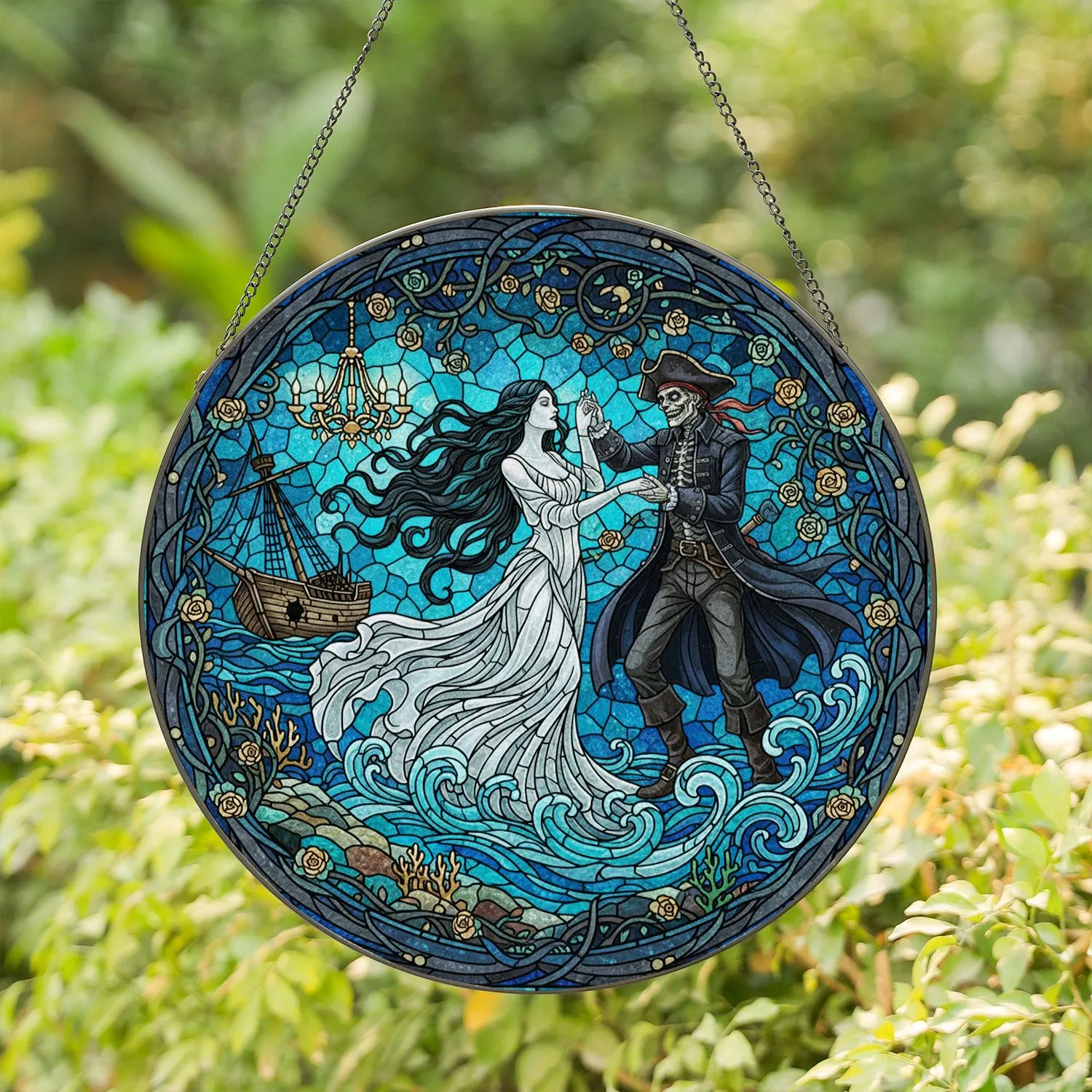 Spectral Woman Skeletal Pirate Dance - Underwater Tiffany Stained Glass Fantasy Art Stained Glass Suncatcher - 1