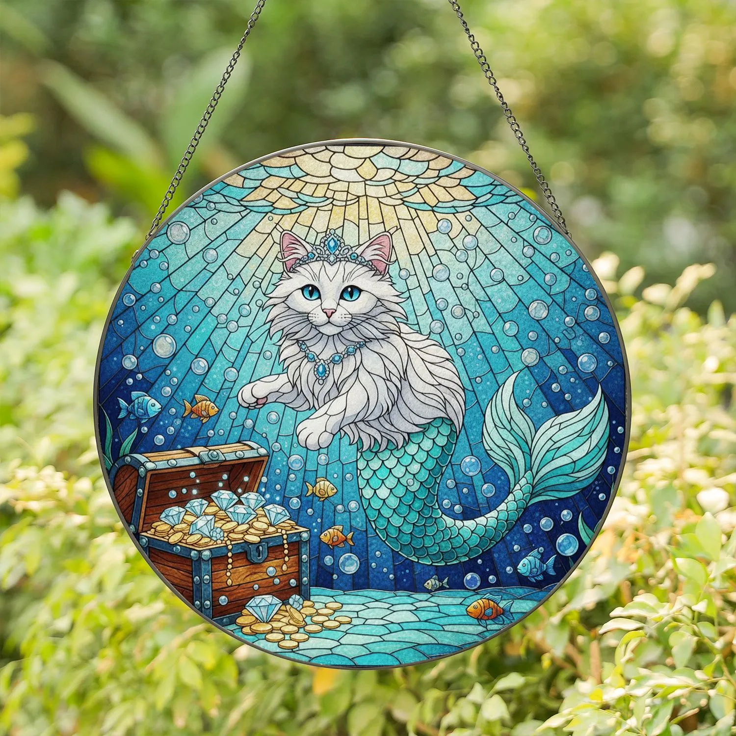Fluffy White Mermaid Cat Stained Glass Underwater Treasure Mosaic Scene Jewel Tone Gift Stained Glass Suncatcher - 1