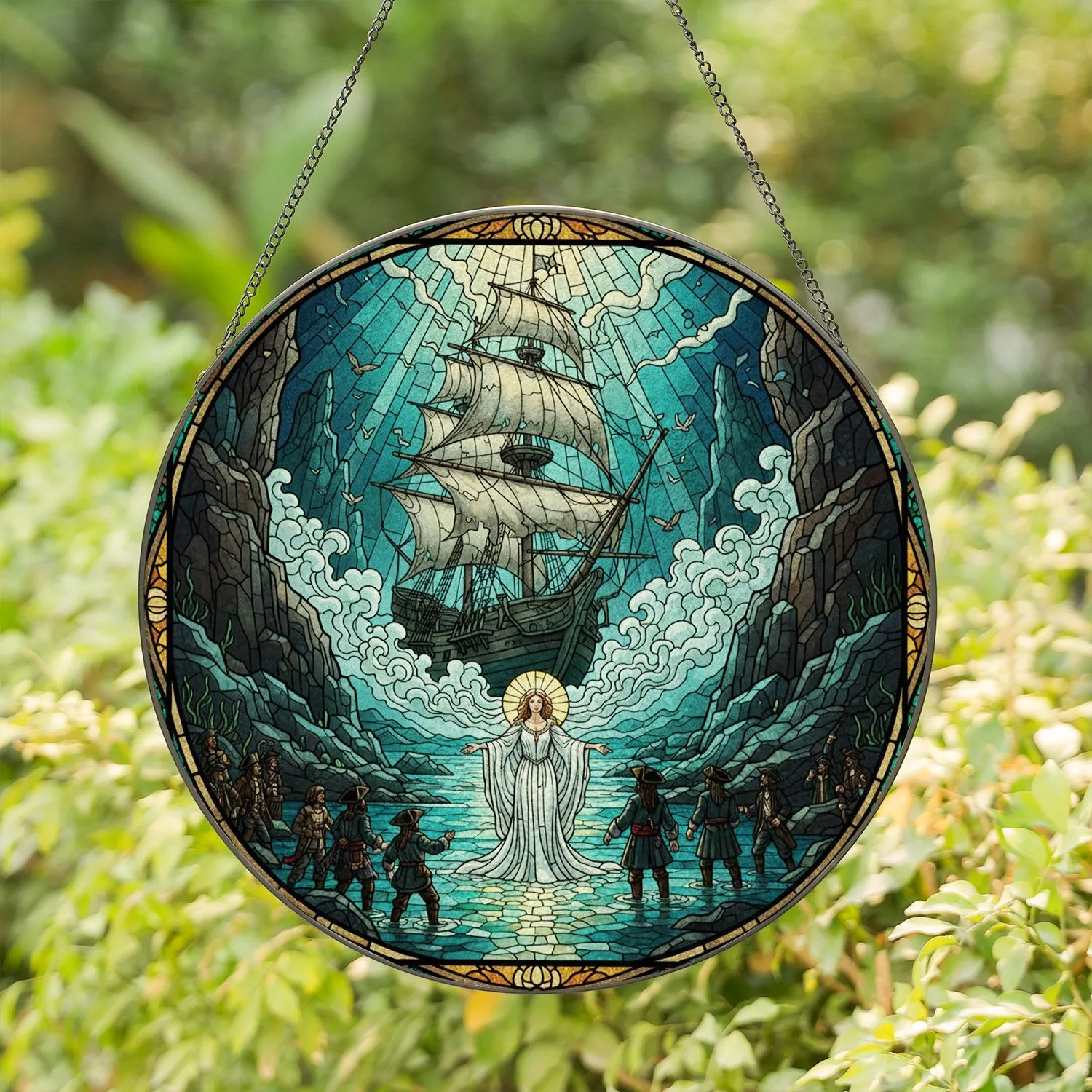 Ghost Ship, Female Spirit, Shadowy Pirates, Underwater Chasm, Tiffany Stained Glass Art Stained Glass Suncatcher - 1