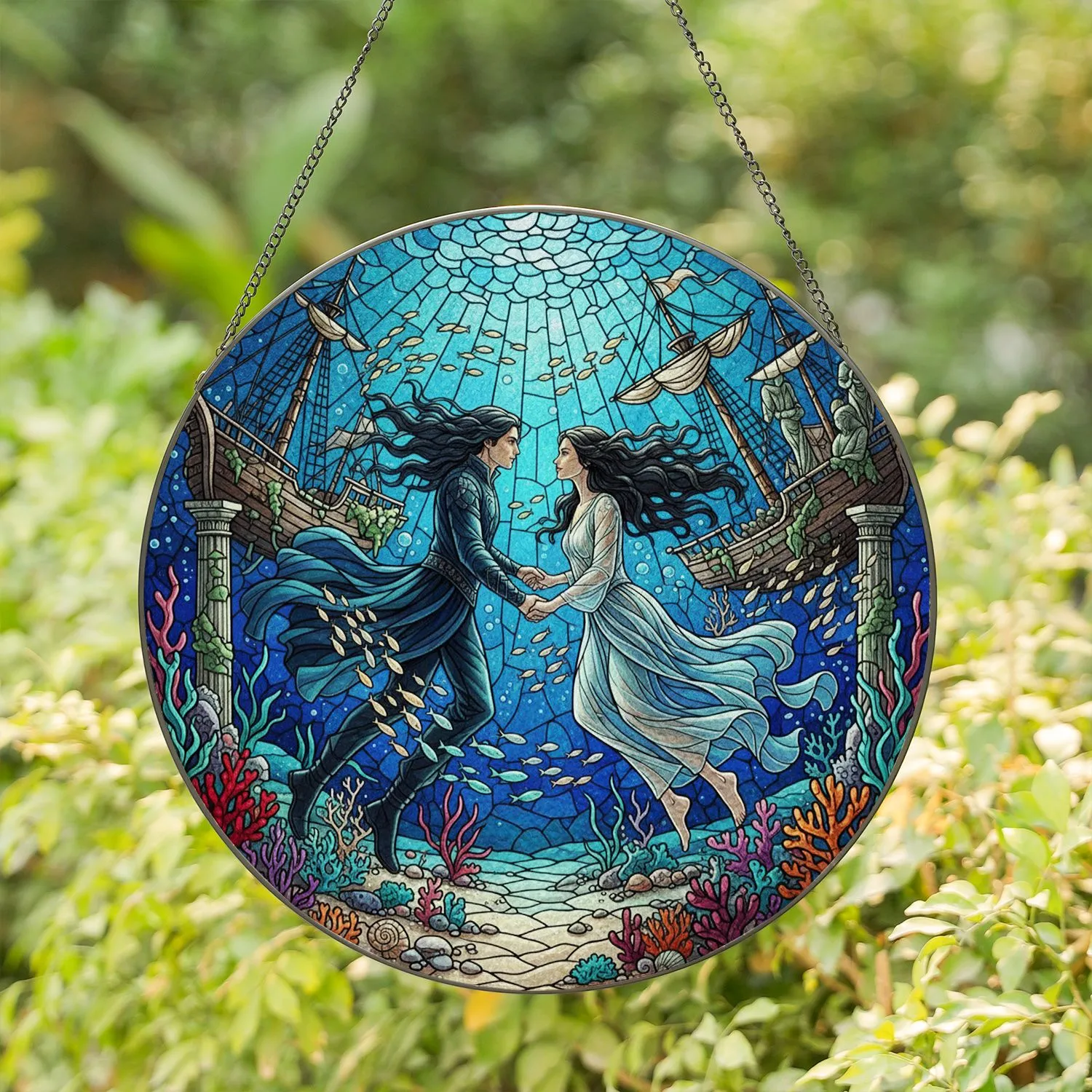Underwater Romance Stained Glass Tiffany Couple Deep Oceanic Sunken Shipwreck Art Stained Glass Suncatcher - 1