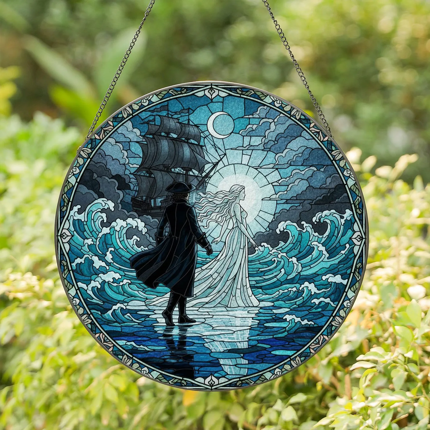 Luminous Female Figure Dark Male Stained Glass Galleons Stormy Moonlit Seascape Roses Floral Stained Glass Suncatcher - 1