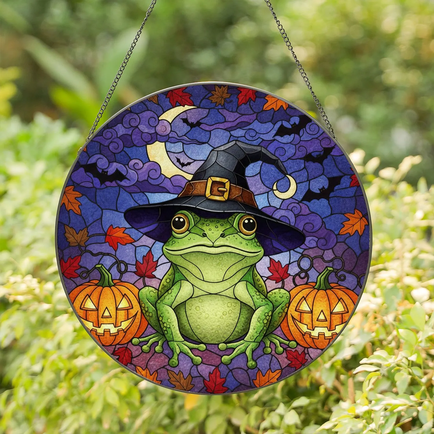 Green Frog Witch Hat Jack-o'-lantern Bats - Spooky Halloween Autumn Fall Night Art Stained Glass Suncatcher - 1