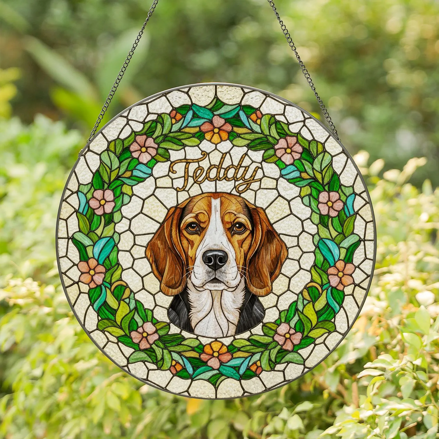Detailed Stained Glass Beagle Dog Teddy with Green Leaves Flowers – Dog Lover Gift Stained Glass Suncatcher - 1