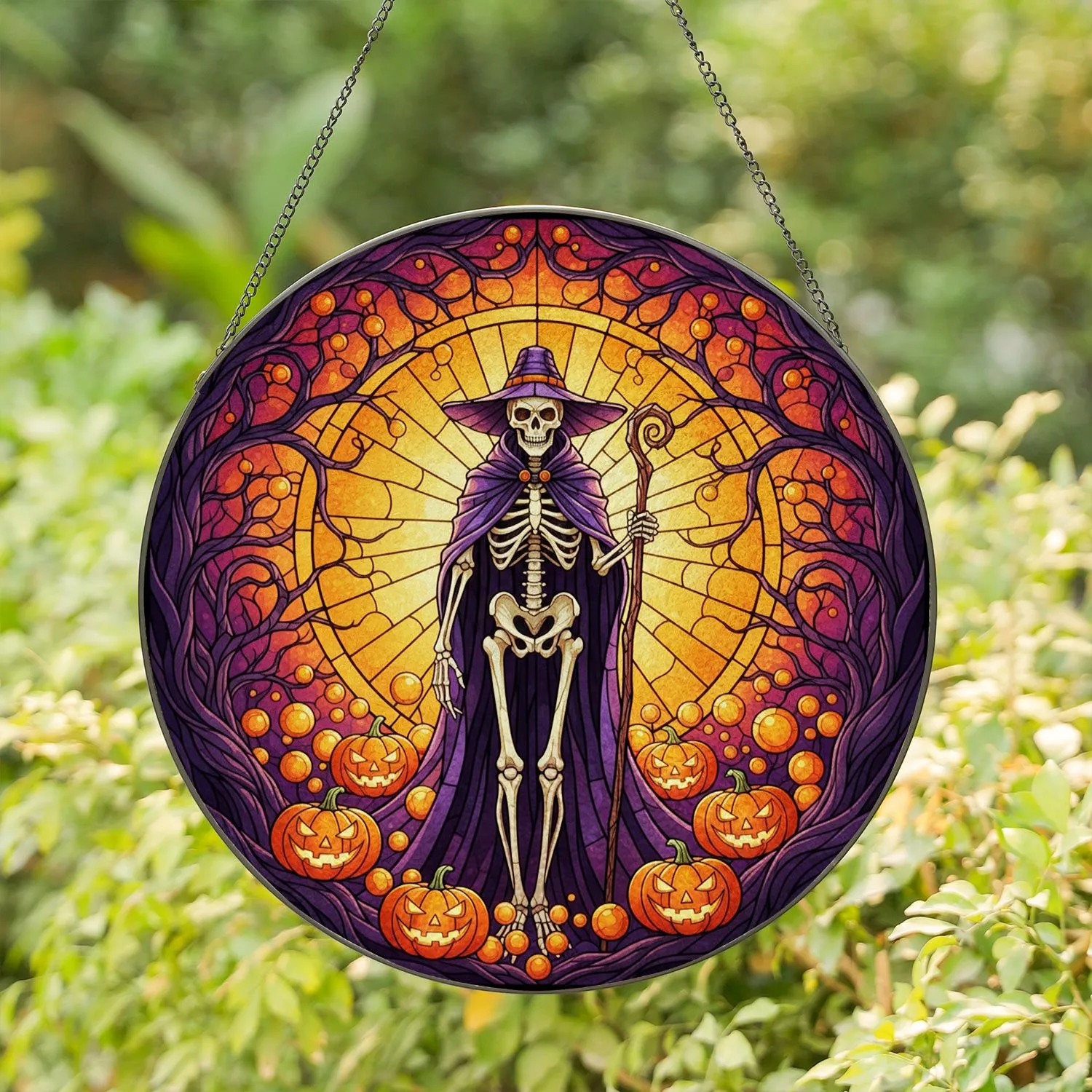 Skeletal Figure Glowing Pumpkin Moon Tiffany Style Stained Glass Halloween Decor Stained Glass Suncatcher - 1