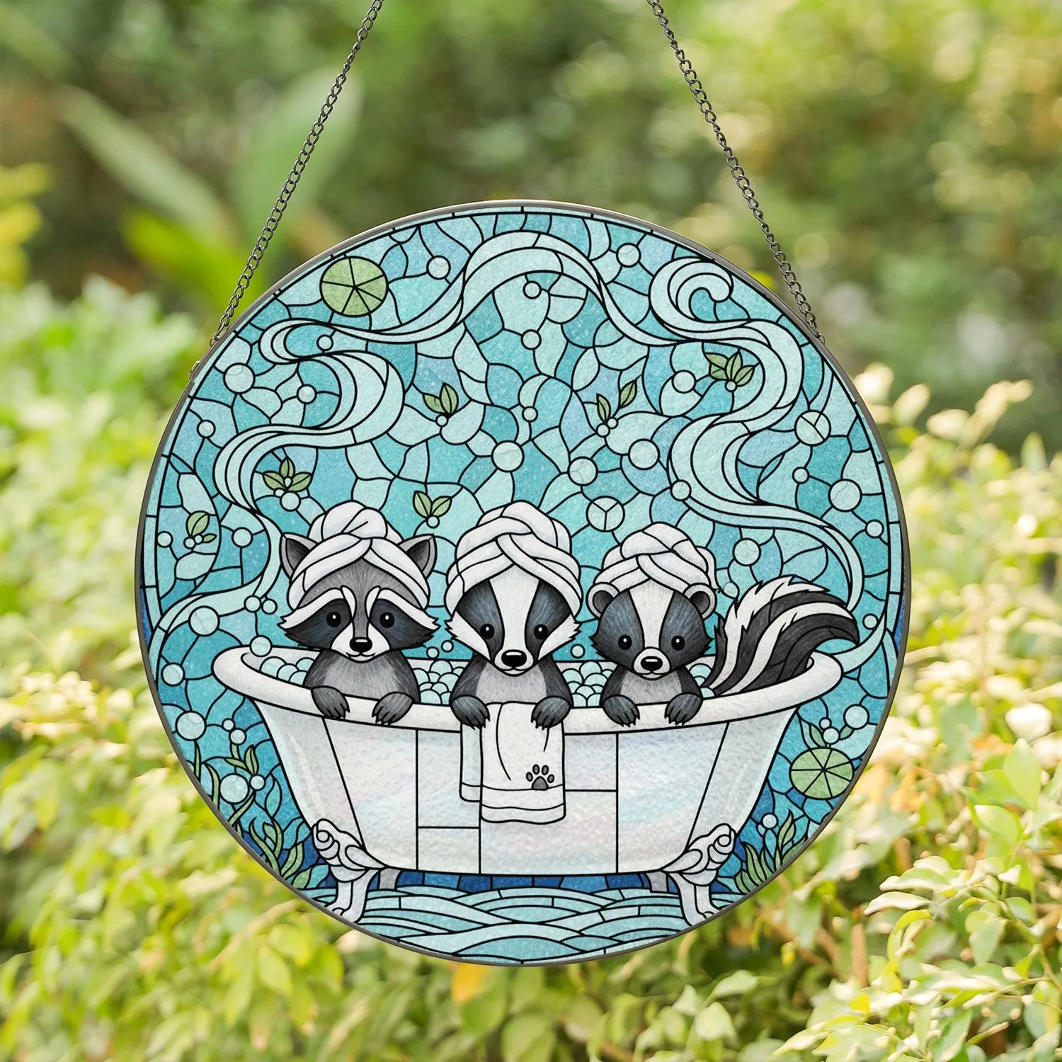 Raccoon Badger Skunk Bathtub Stained Glass - Tiffany Style Woodland Animals Bath Decor Stained Glass Suncatcher - 1