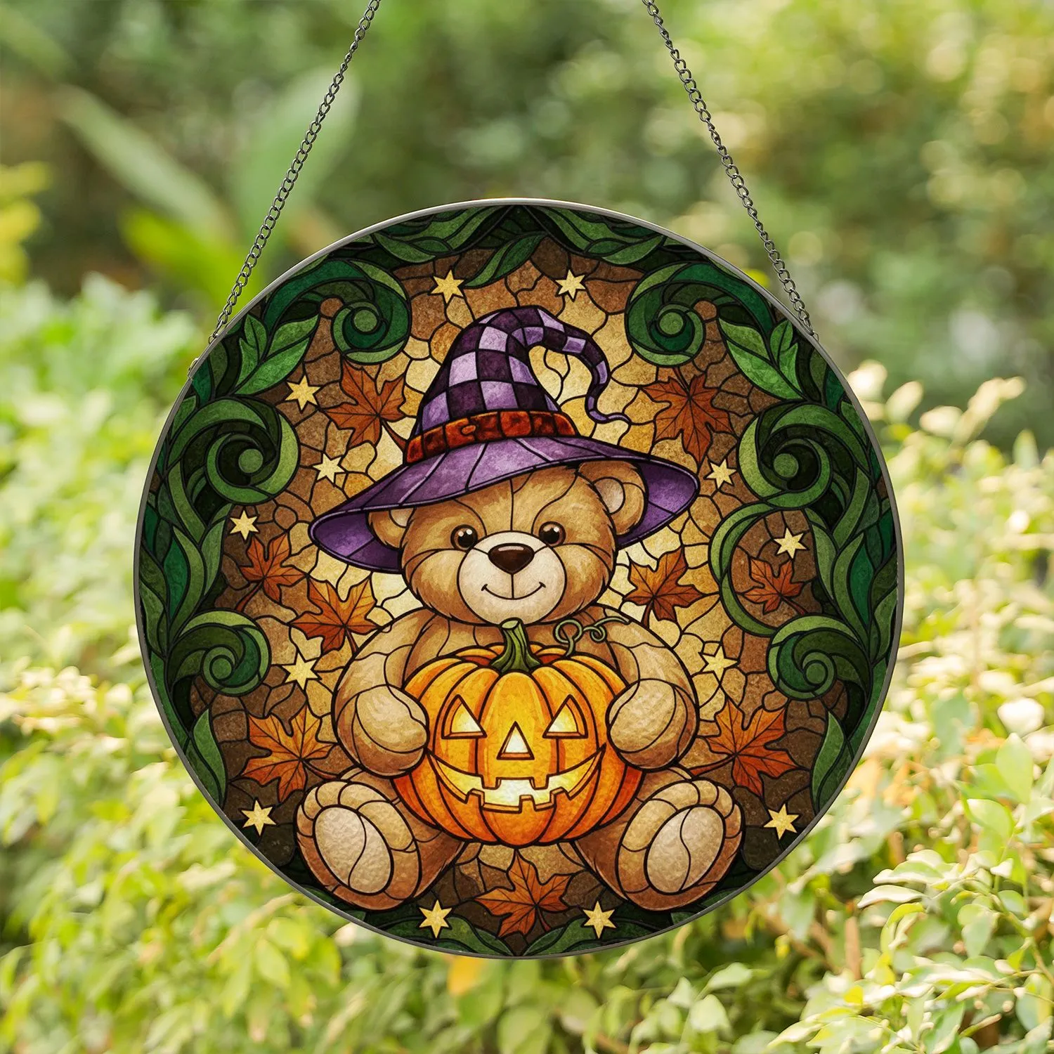 Teddy Bear Witch Hat Jack-o'-Lantern Autumn Foliage Intricate Mosaic Halloween Art Stained Glass Suncatcher - 1