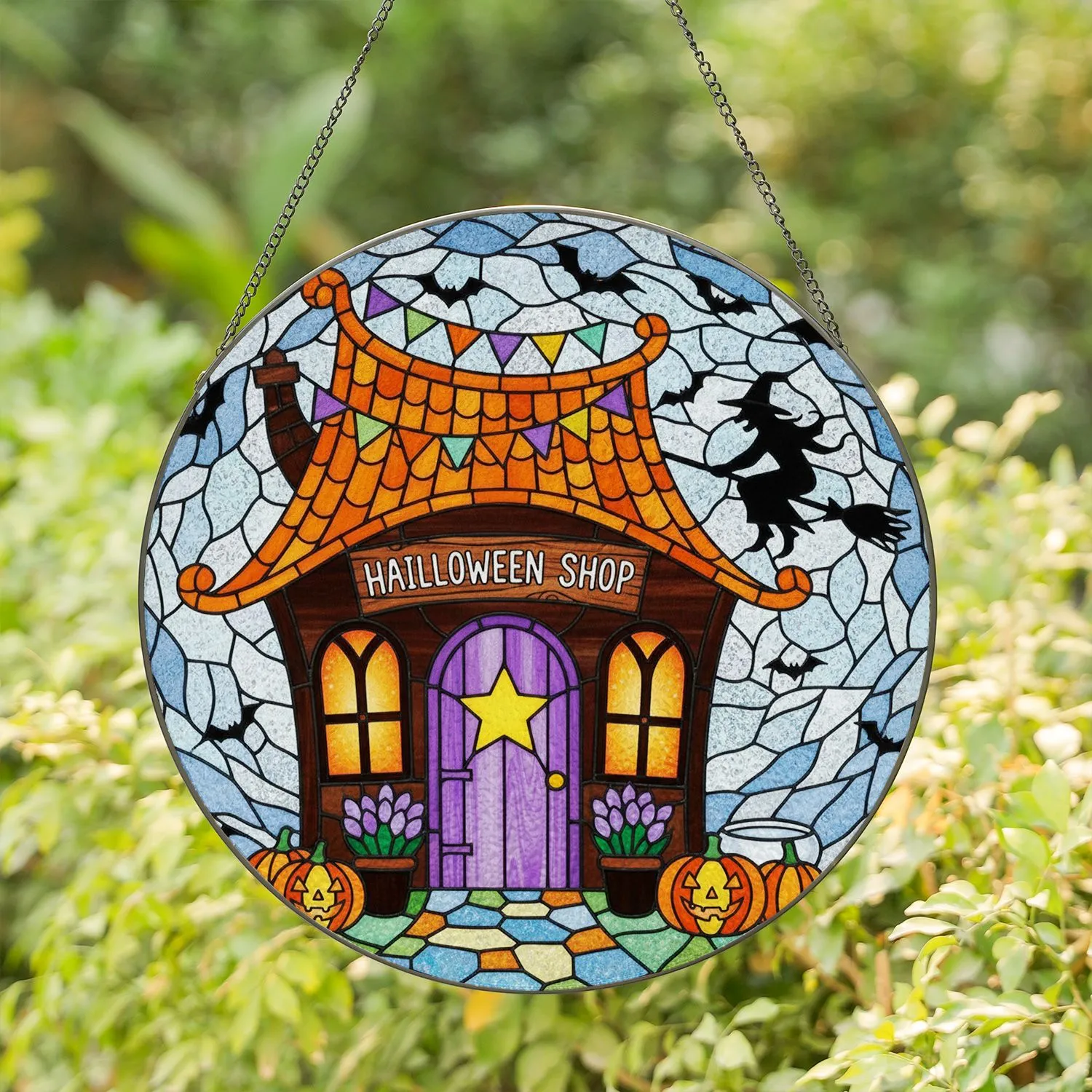 Halloween Shop Stained Glass Art - Witch Jack-o'-Lantern Purple Star Door Decor Stained Glass Suncatcher - 1