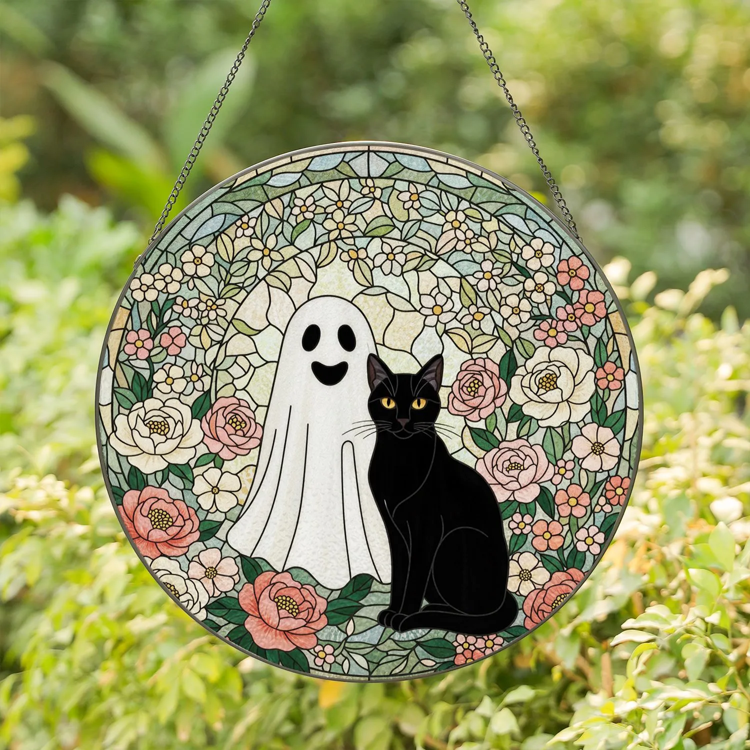 Classic Friendly White Ghost Black Cat Blush Floral Garden Tiffany Style Mosaic Stained Glass Stained Glass Suncatcher - 1