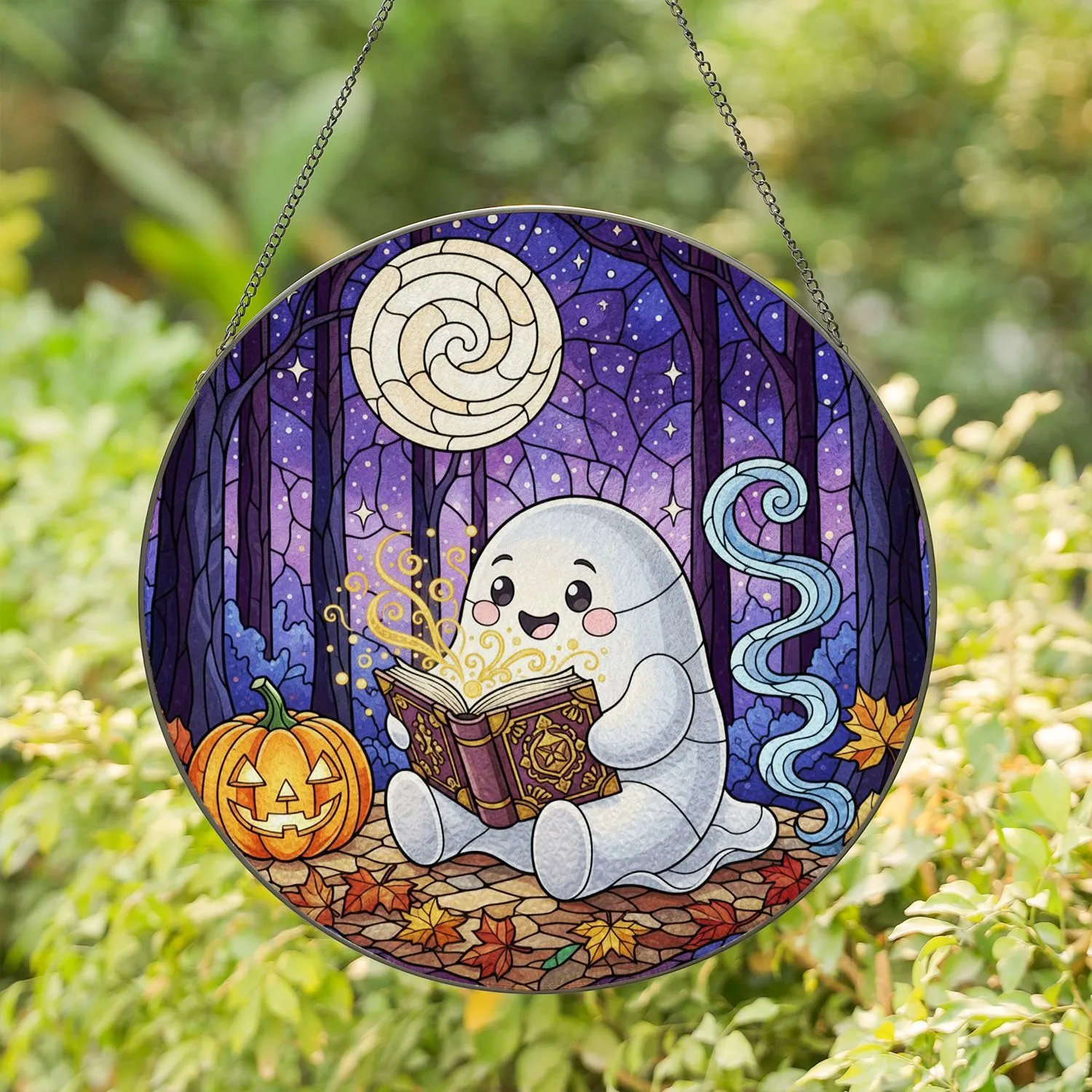 Tiffany Style Ghost Reading Spellbook - Halloween Night Forest Moon Decor Gift Stained Glass Suncatcher - 1