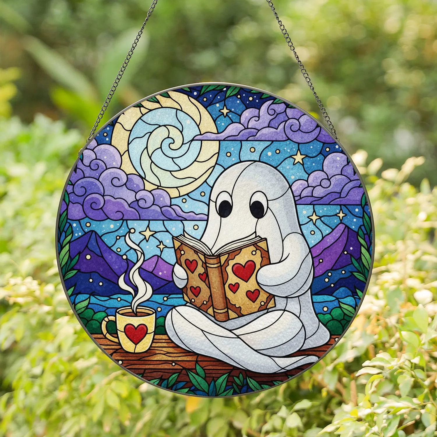Ghost Reading Book Stained Glass Art - Twilight Moon Mountain Fantasy Landscape Stained Glass Suncatcher - 1