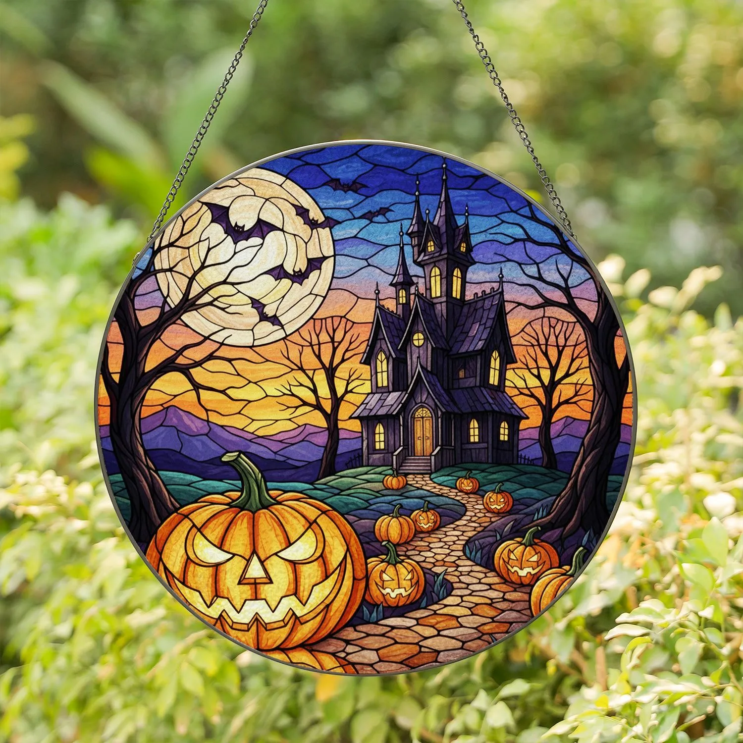 Grinning Jack-o'-Lantern Haunted Mansion Full Moon Gothic Stained Glass Spooky Halloween Stained Glass Suncatcher - 1