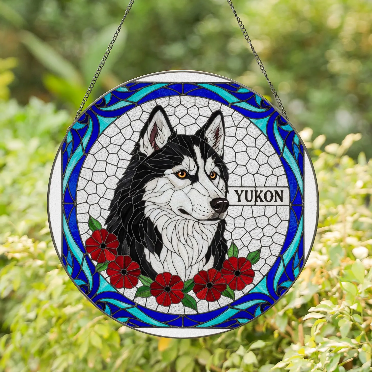 Siberian Husky YUKON Dog, Black & White Fur, Red Flowers, Glowing Amber Eyes Stained Glass Stained Glass Suncatcher - 1