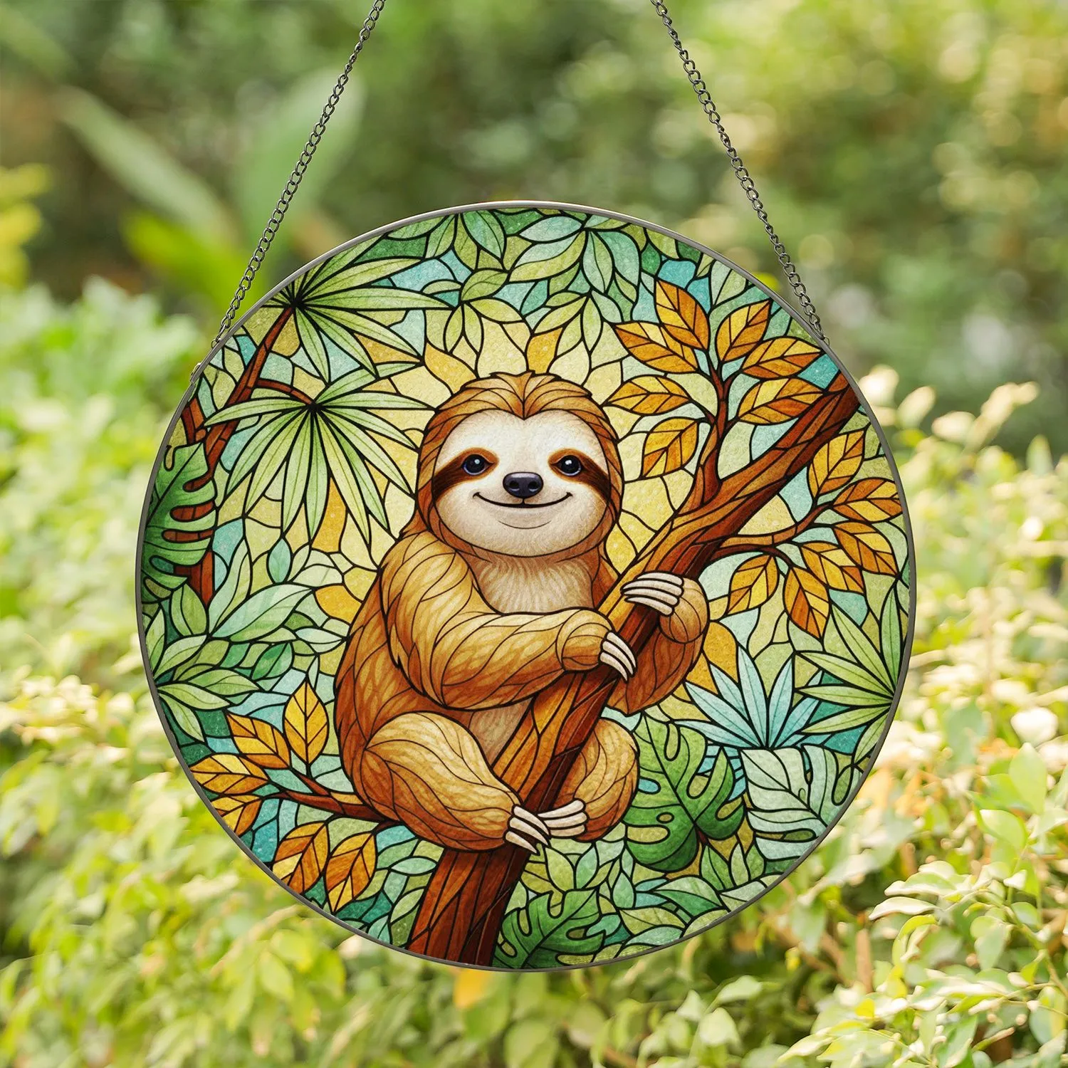 Cute Smiling Sloth Tiffany Glass Style Jungle Foliage - Dappled Sunlight Tropical Mosaic Stained Glass Suncatcher - 1