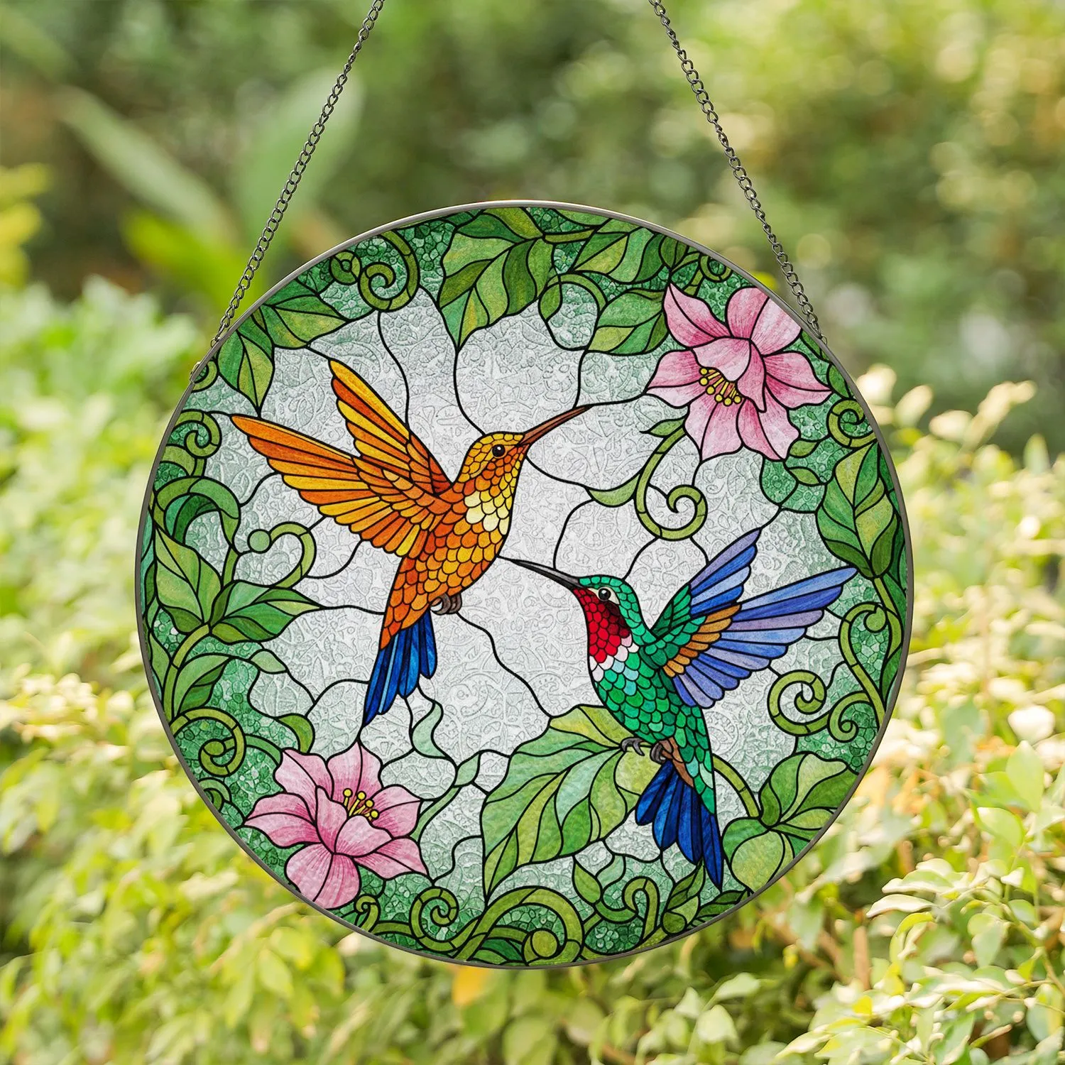 Two Hummingbirds Stained Glass Glowing Pink Floral Mosaic Tiffany Window Art Stained Glass Suncatcher - 1