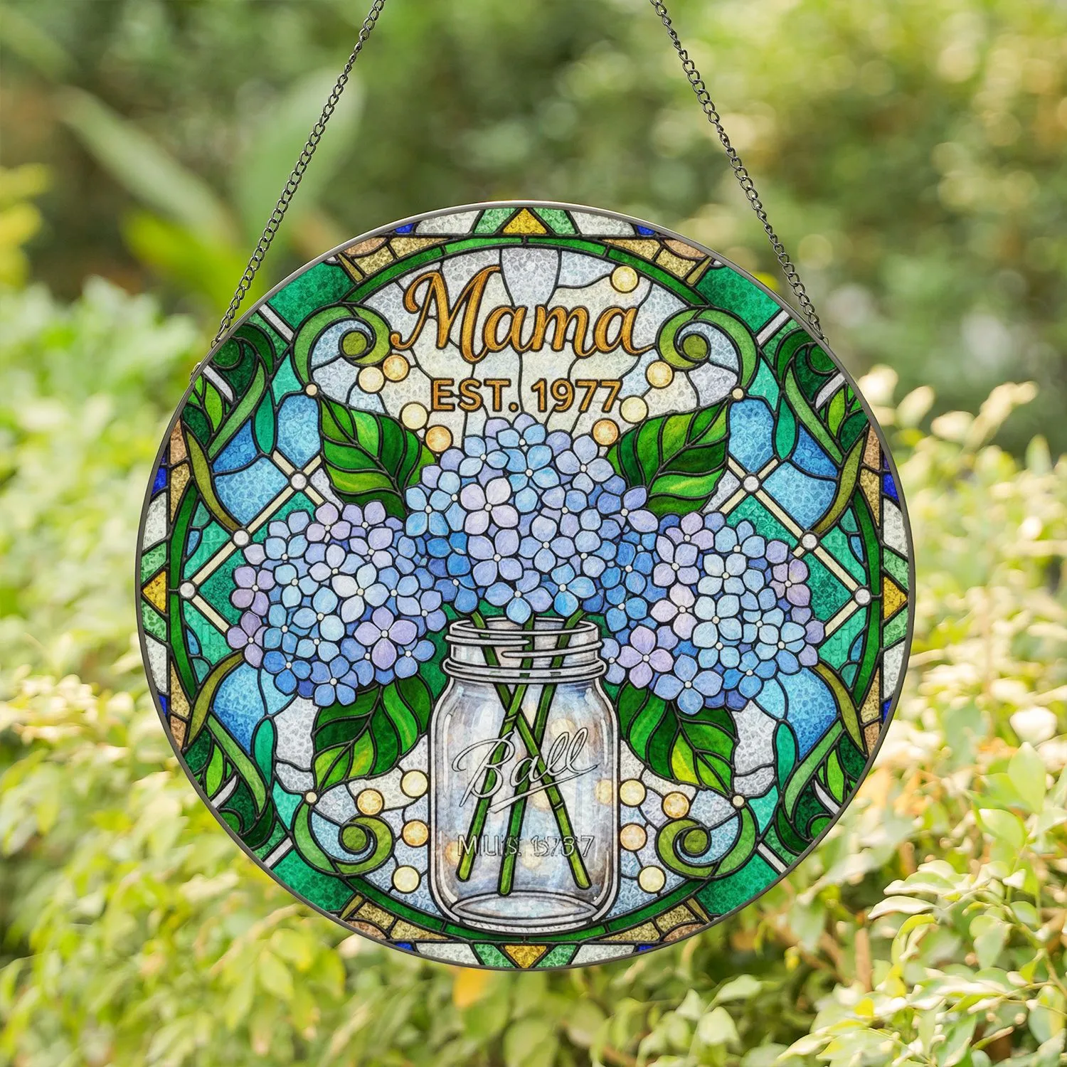 Hydrangea Flower Mason Jar Mama EST. 1977 Stained Glass - Mother's Day Gift for Mom Stained Glass Suncatcher - 1