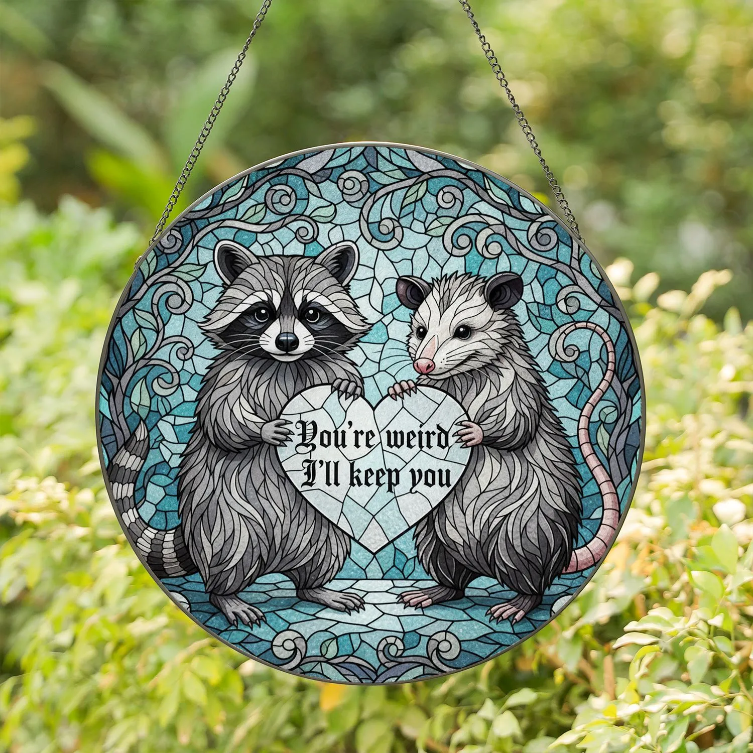 Raccoon Opossum Heart "You're Weird I'll Keep You" Woodland Animals Friendship Gift Stained Glass Suncatcher - 1